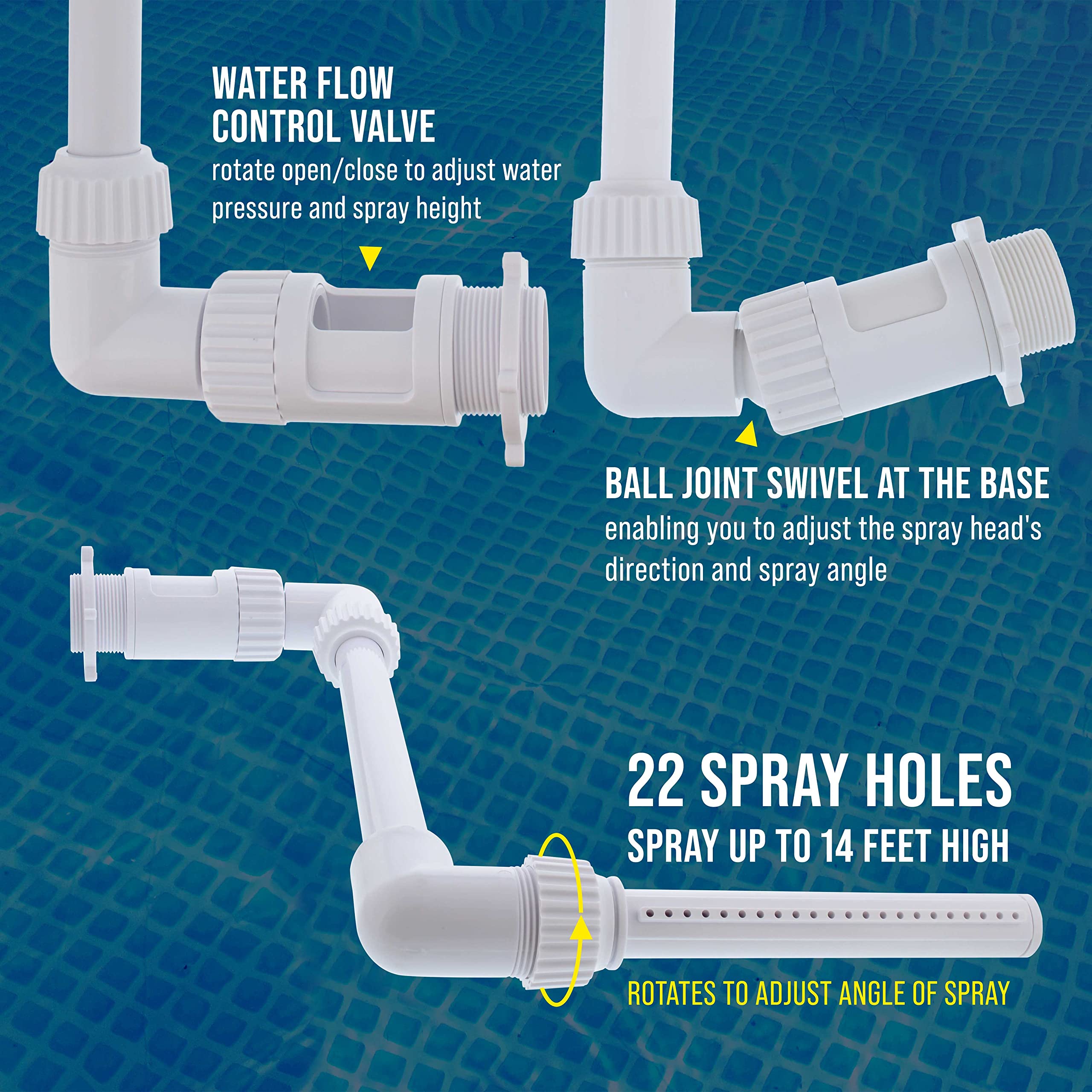 US Pool Supply waterfall fountain connects to standard 1.5-inch returns for easy installation.