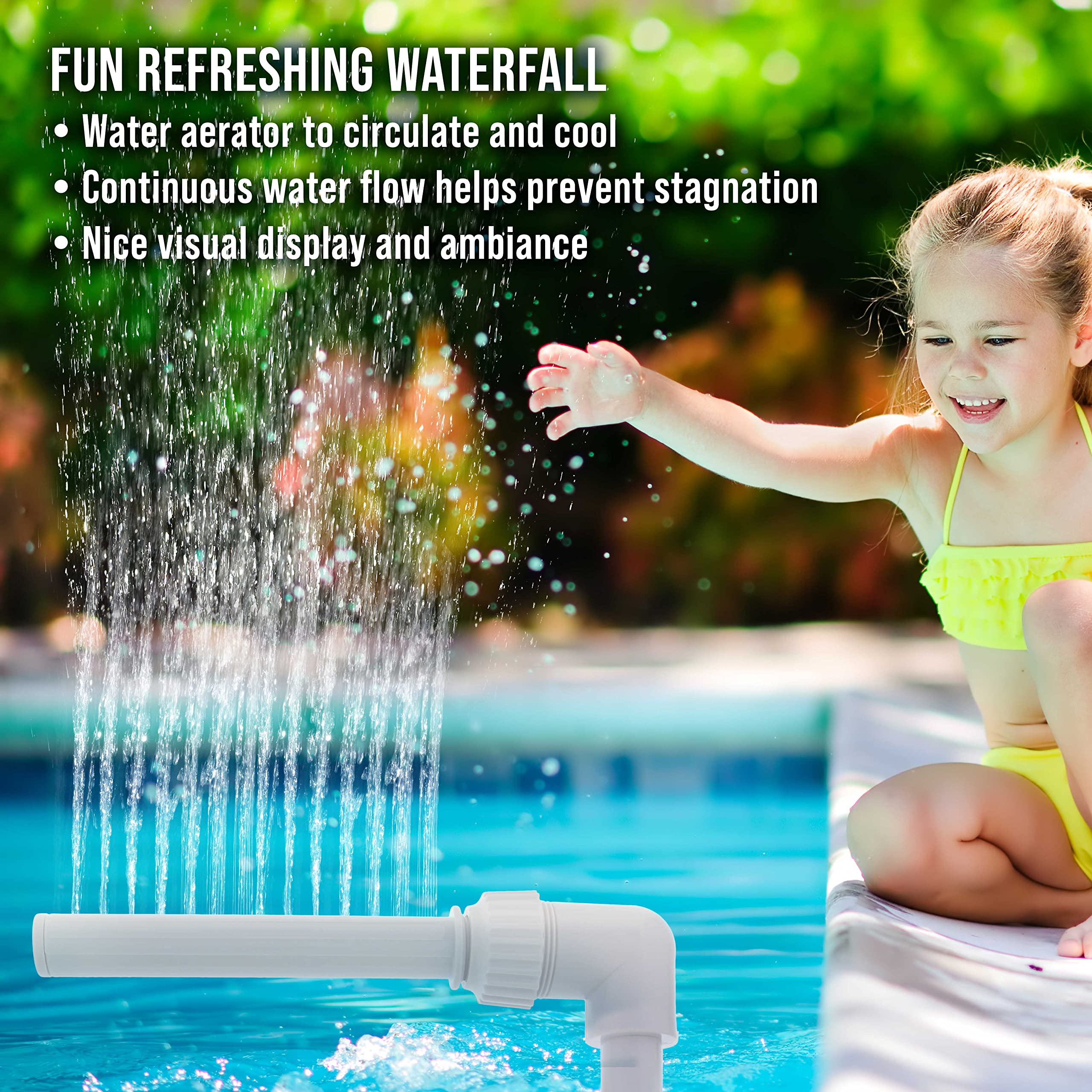 US Pool Supply waterfall fountain enhances backyard ambience with a soothing water display.