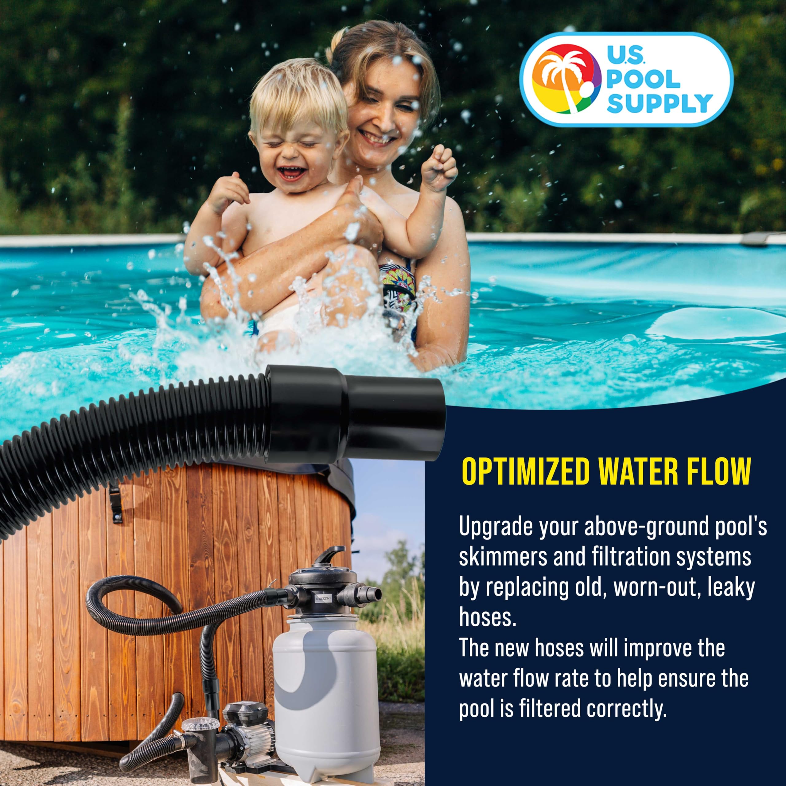 US Pool Supply weather-resistant EVA hose withstands chlorine and UV.