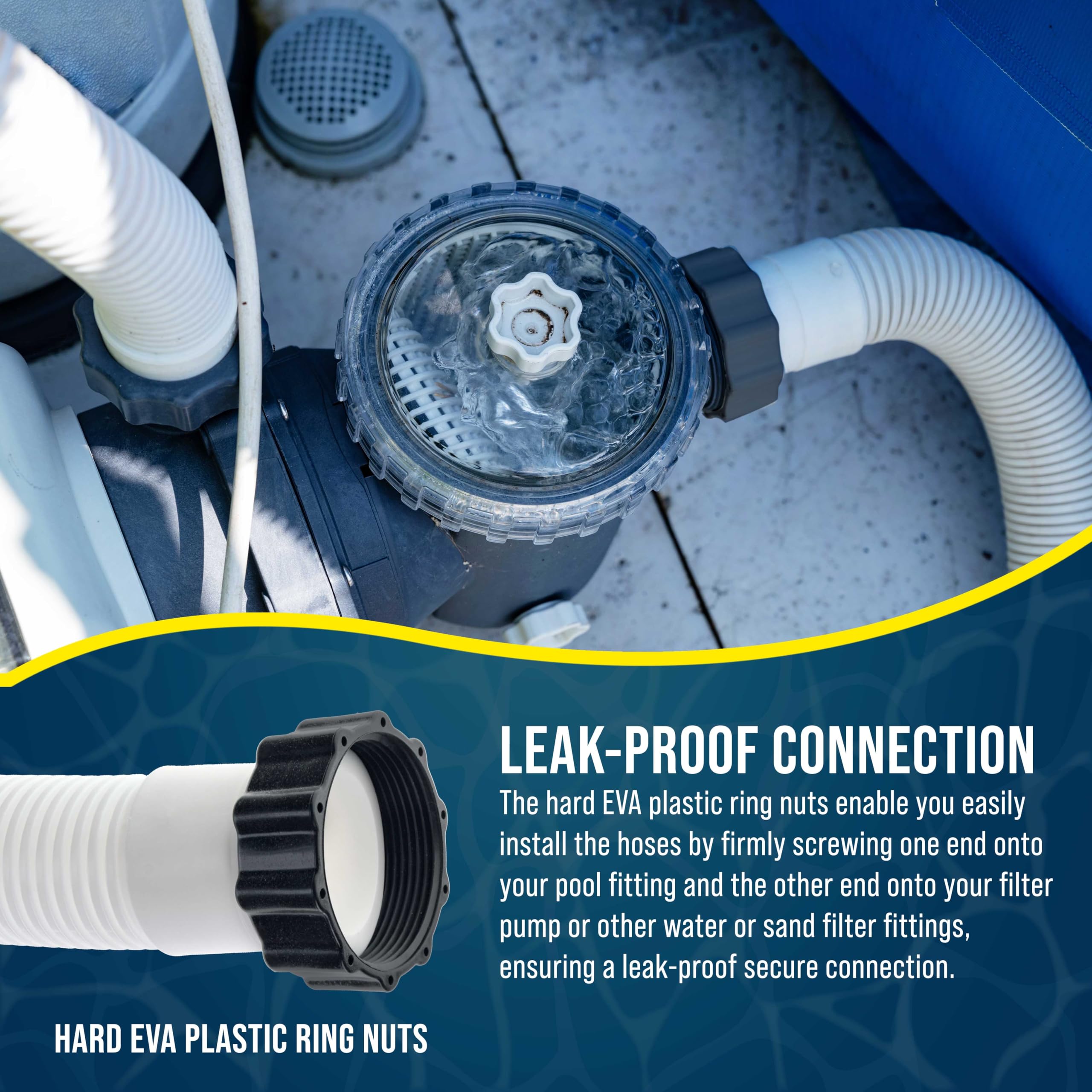 U.S. Pool Supply weather-resistant hose withstands sun and chlorine.