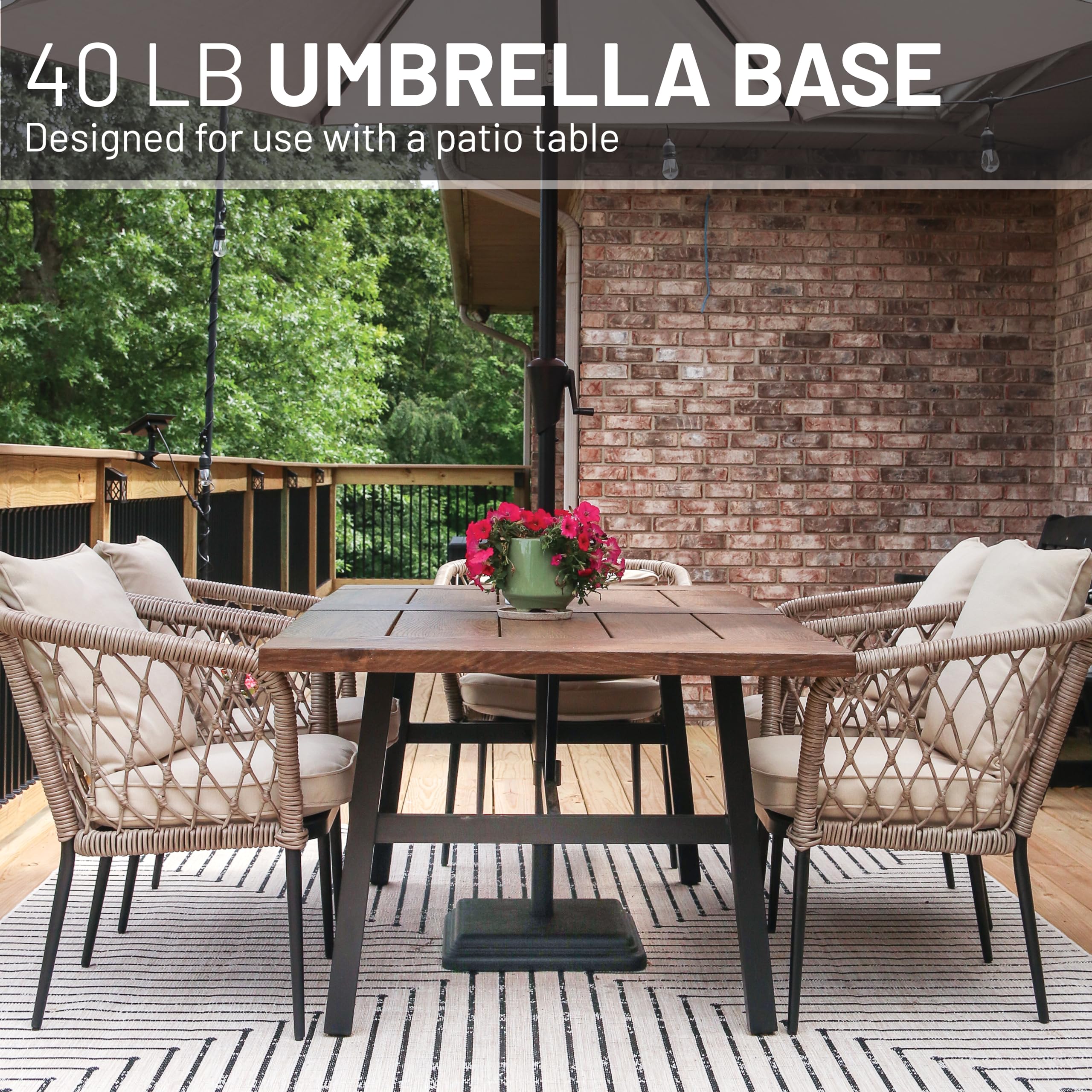 Heavy-duty US Weight umbrella base supporting large umbrellas on a patio table