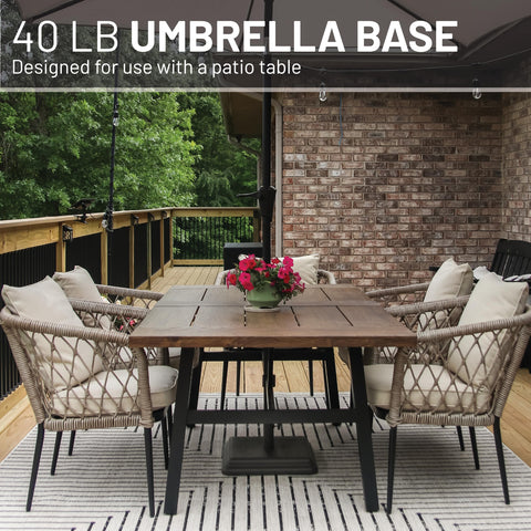 US Weight patio table umbrella base demonstrates stability for larger umbrellas.