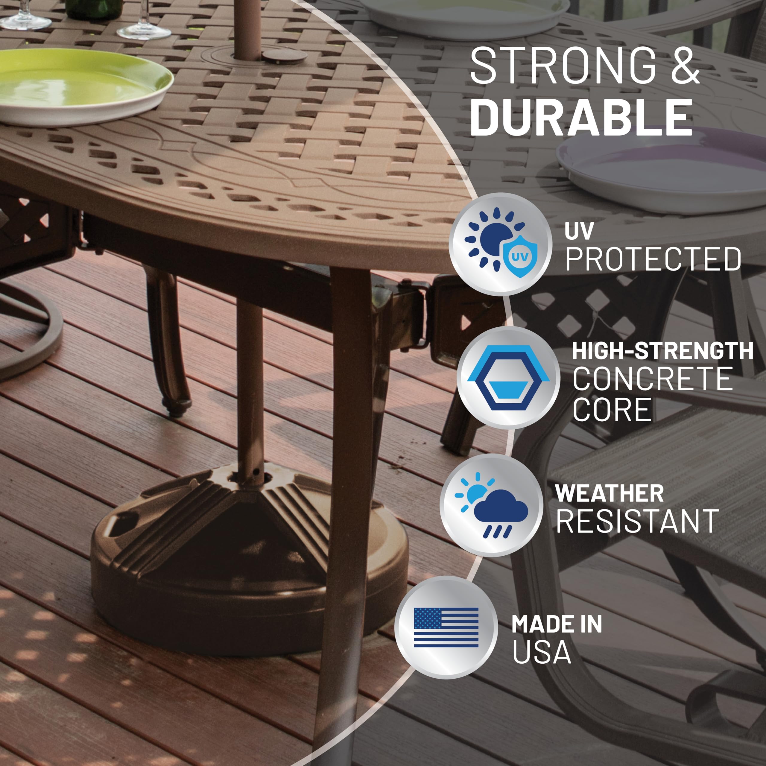 US Weight base fits 1 to 1.5 inch poles for table use.