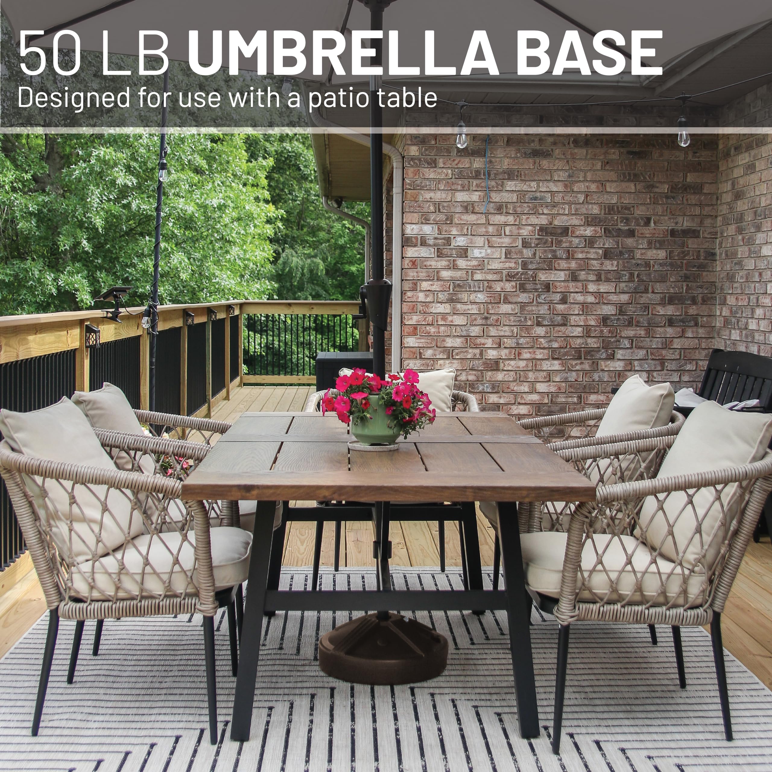 US Weight umbrella base withstands outdoor weather without rust or dent.