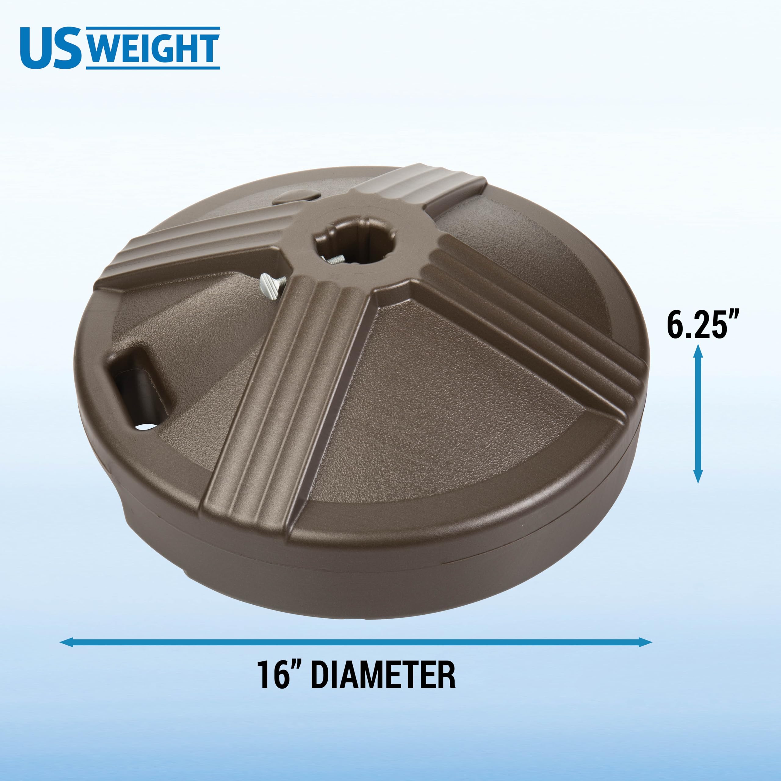US Weight concrete-filled base weighs up to 50 lbs for strong wind resistance.