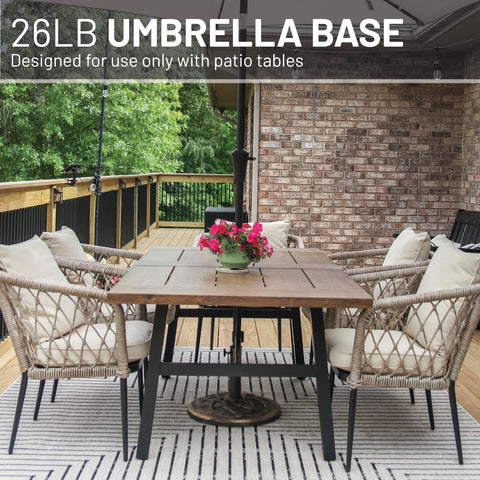 US Weight umbrella base with 18.1 by 18.1 by 10.5 inch footprint for sturdy outdoors