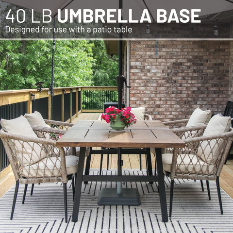 US Weight base shown attached to a patio table for secure outdoor shade