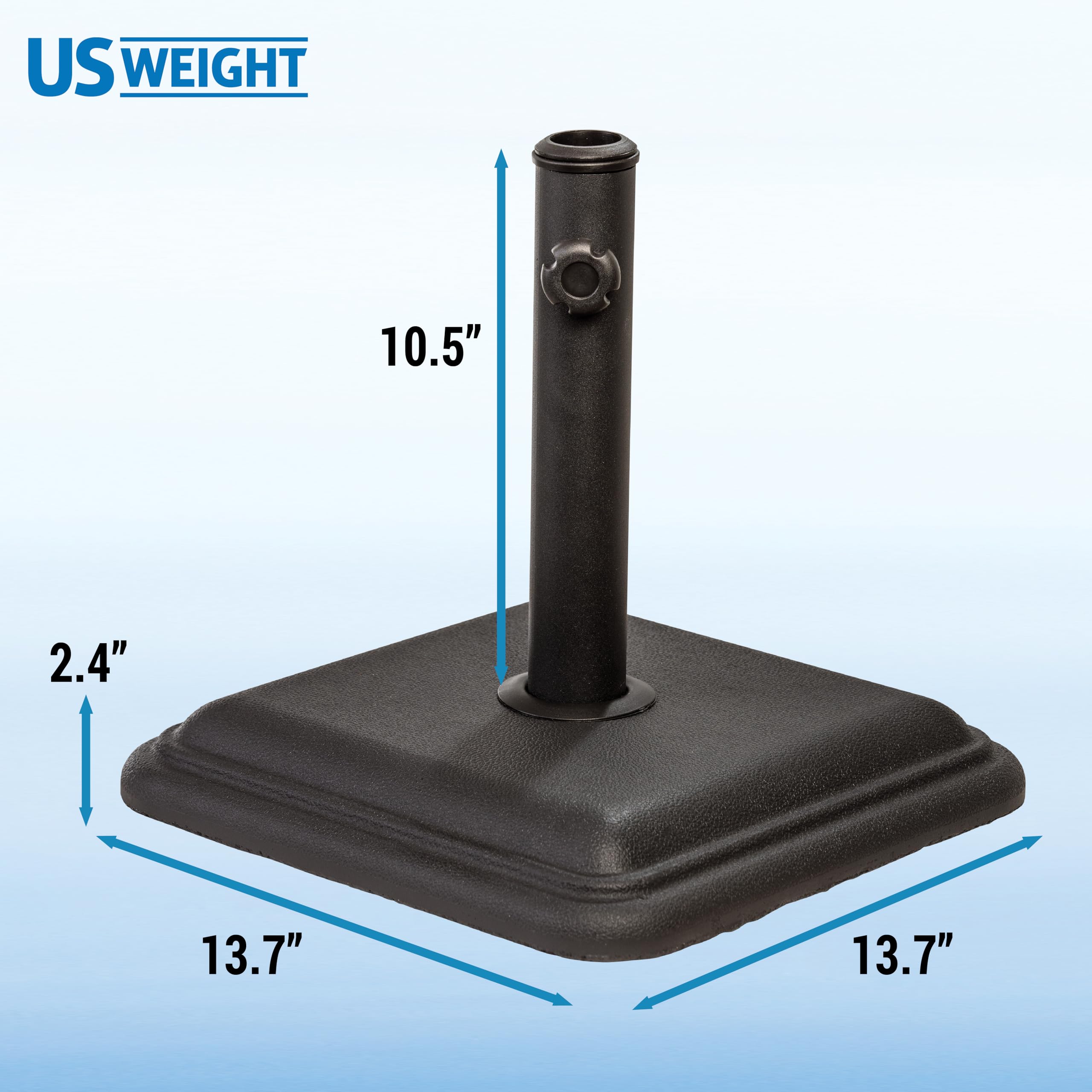 US Weight umbrella base with stem collars securing 1.3-1.8 inch poles