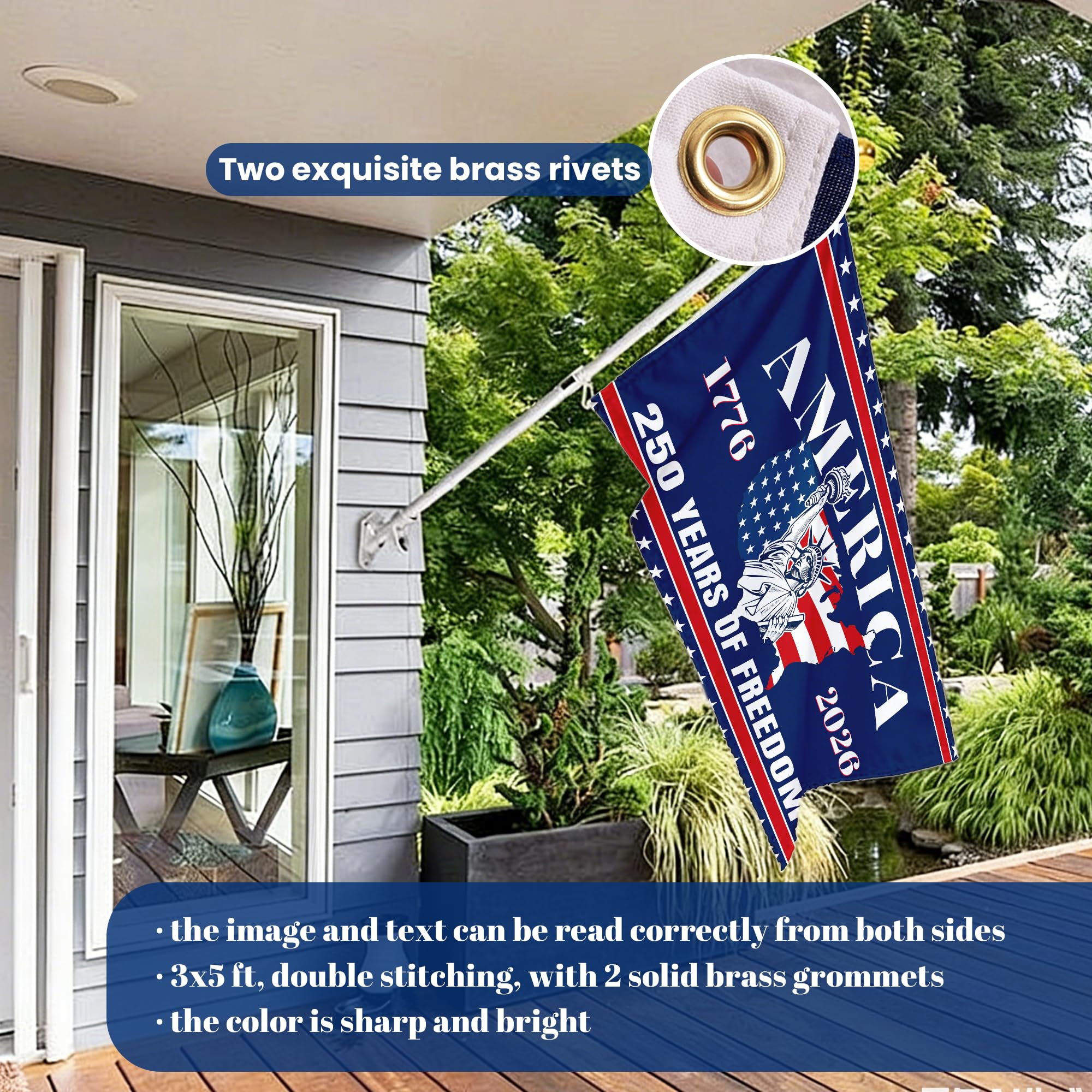 USA 250 Flag measures 3x5 feet for prominent outdoor visibility.