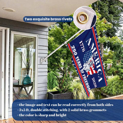 USA 250 Flag measures 3x5 feet for prominent outdoor visibility.