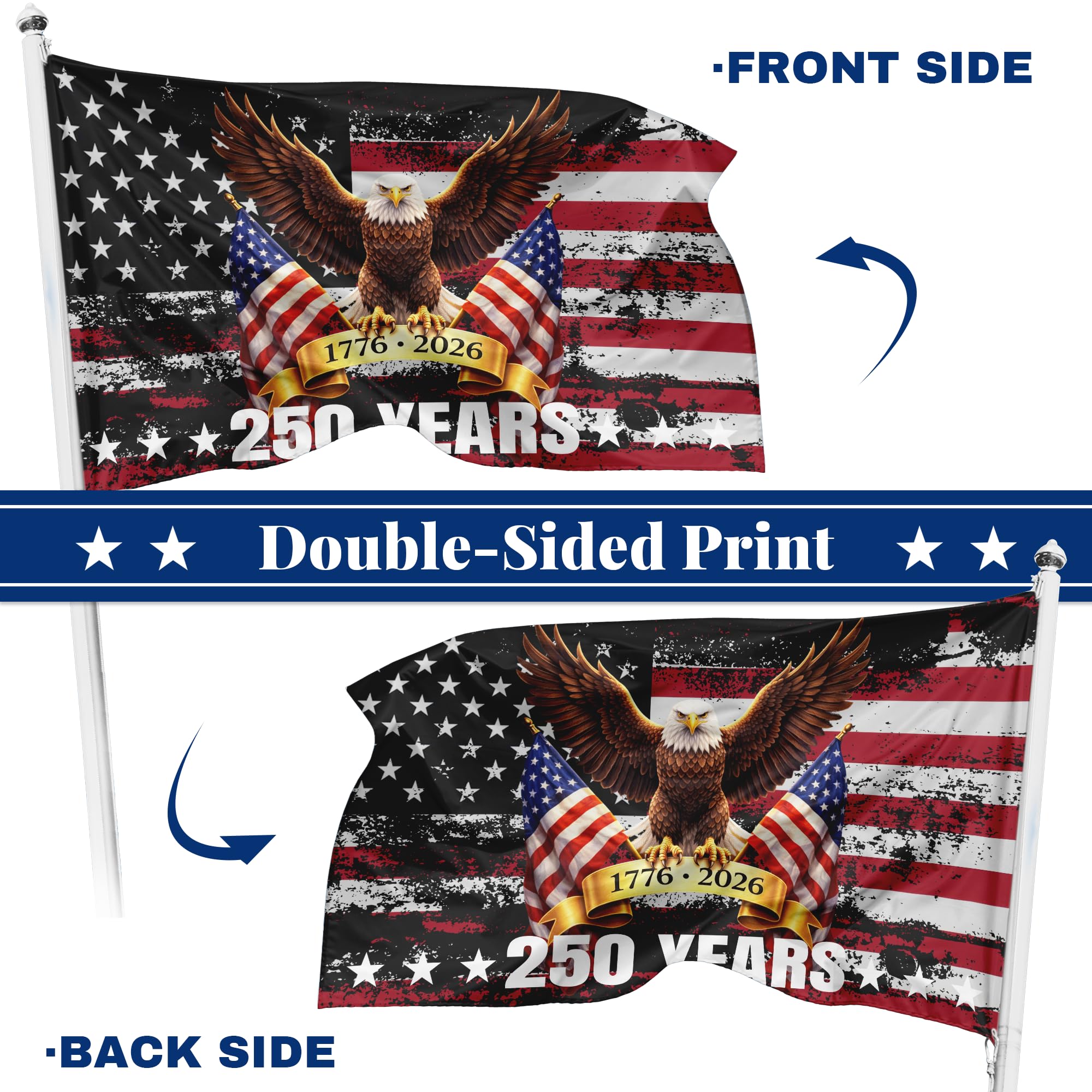 USA 250 Flag durable outdoor fabric withstands rain, wind, and sun.