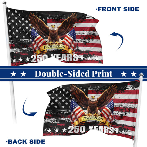 USA 250 Flag durable outdoor fabric withstands rain, wind, and sun.