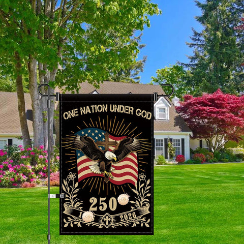 USA 250th anniversary garden flag: vibrant red white and blue tones.