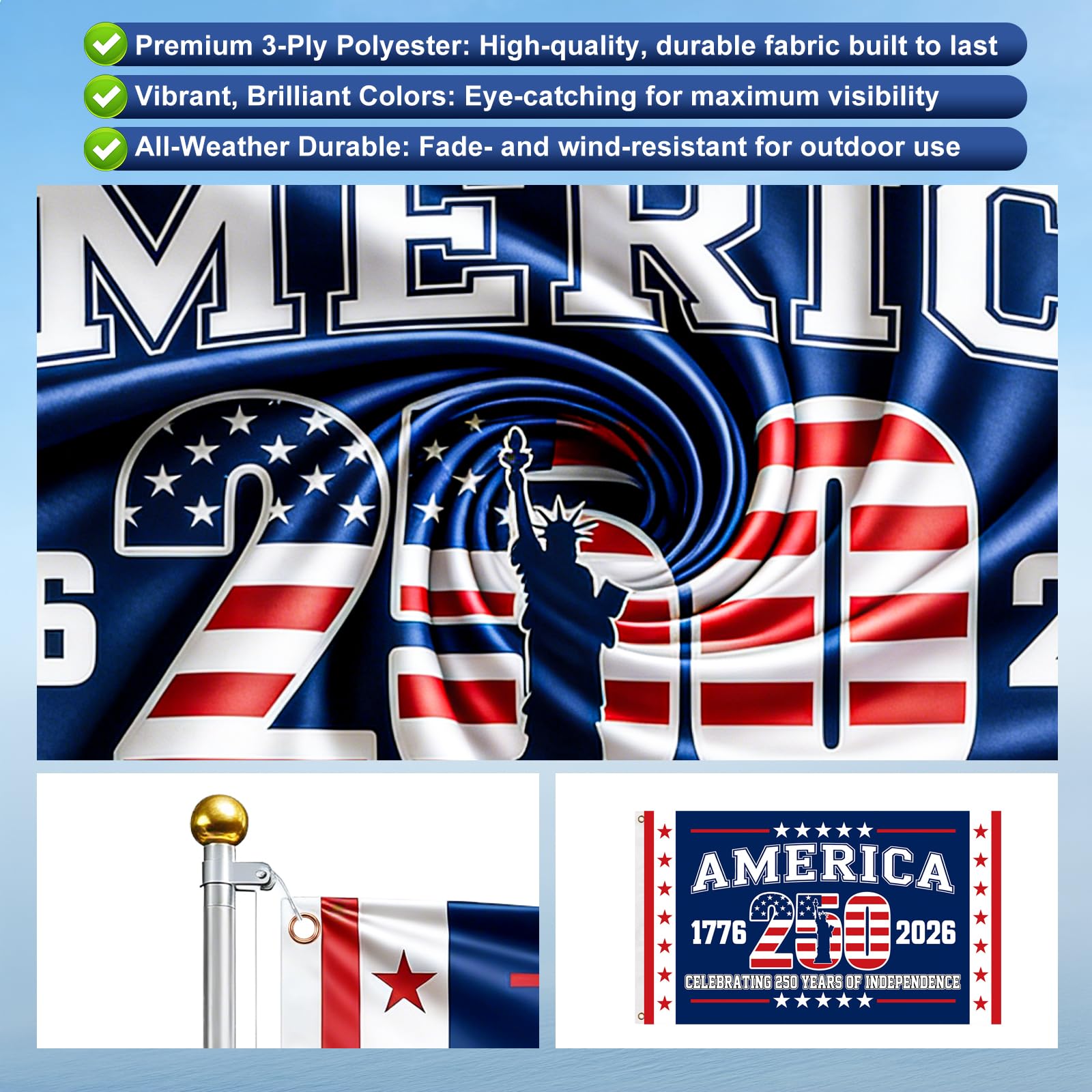 USA 250th anniversary flag weatherproof construction for year-round use