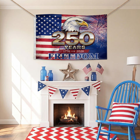 USA 250th anniversary flag displayed in a yard setting