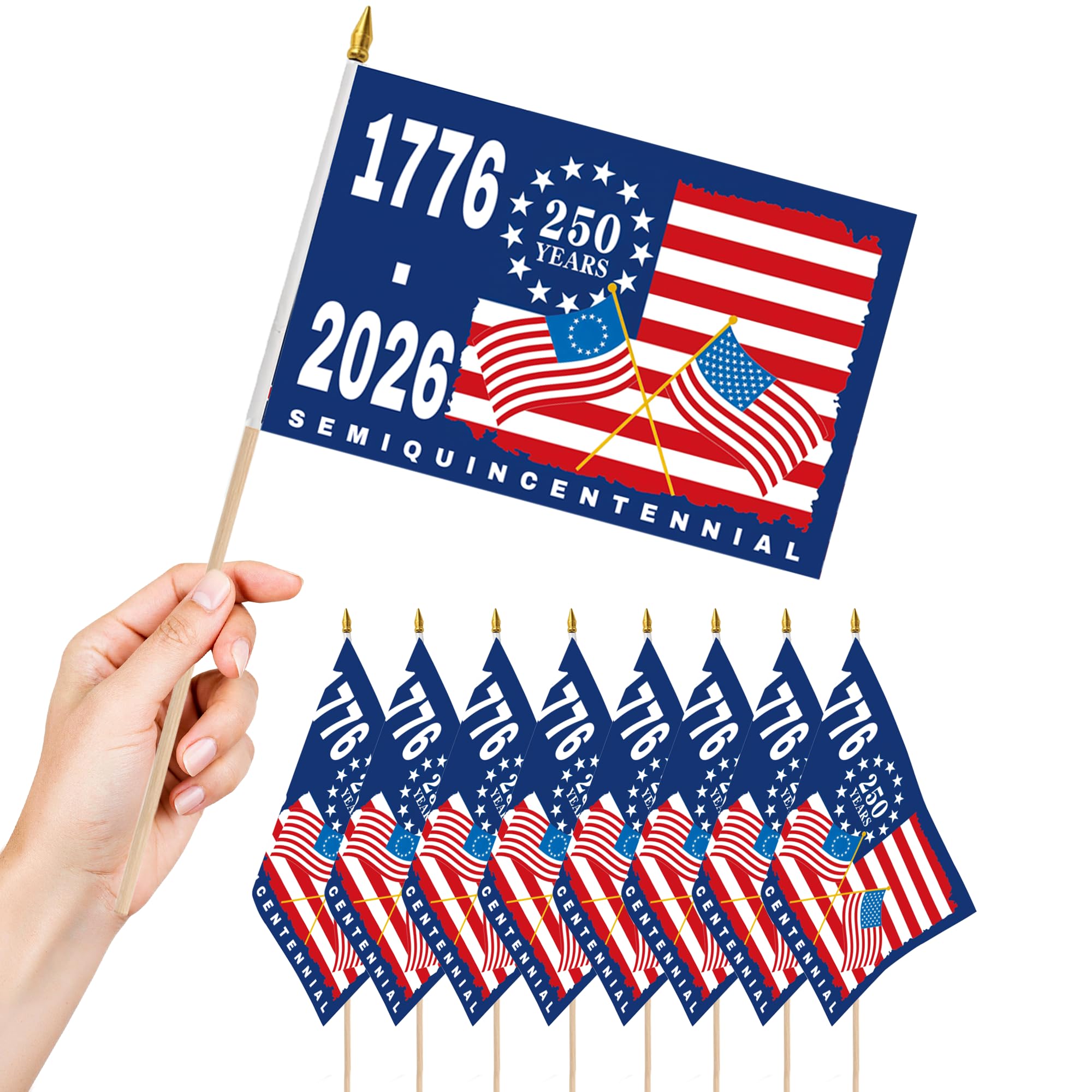 USA 250th anniversary handheld flag with wooden pole for parades