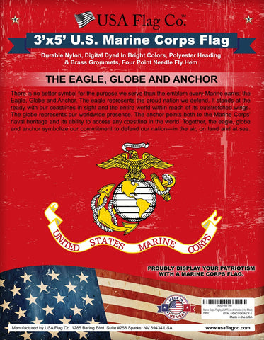 USA Flag Co. Marine Corps flag emblem close-up highlighting eagle, globe and anchor.