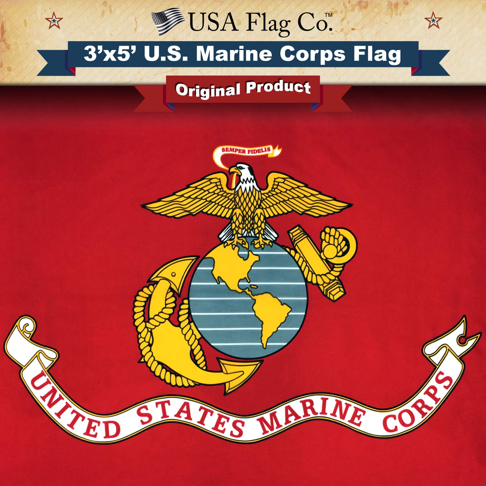 USA Flag Co. Marine Corps flag front view with vivid scarlet field for outdoor display.