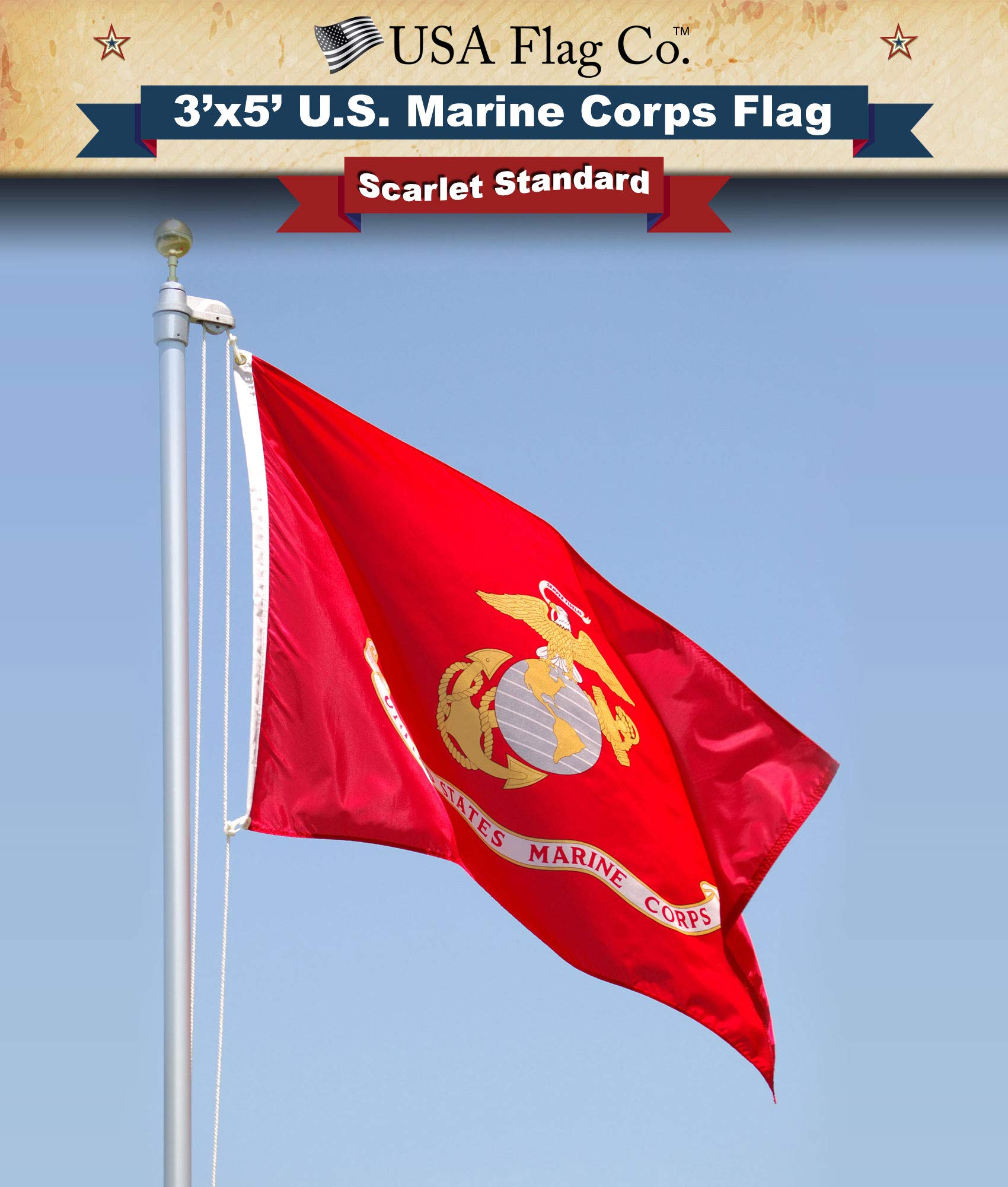 USA Flag Co. Marine Corps flag packaged ready for gifting or display.