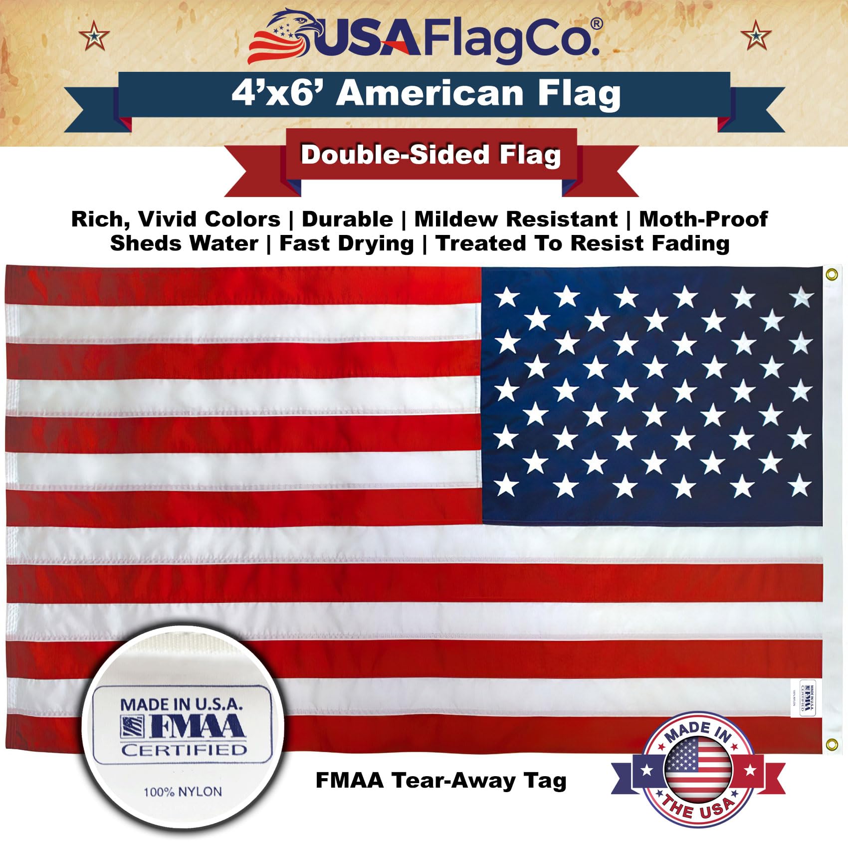 USA Flag Co. 4x6 flag with polyester canvas headings for reliability