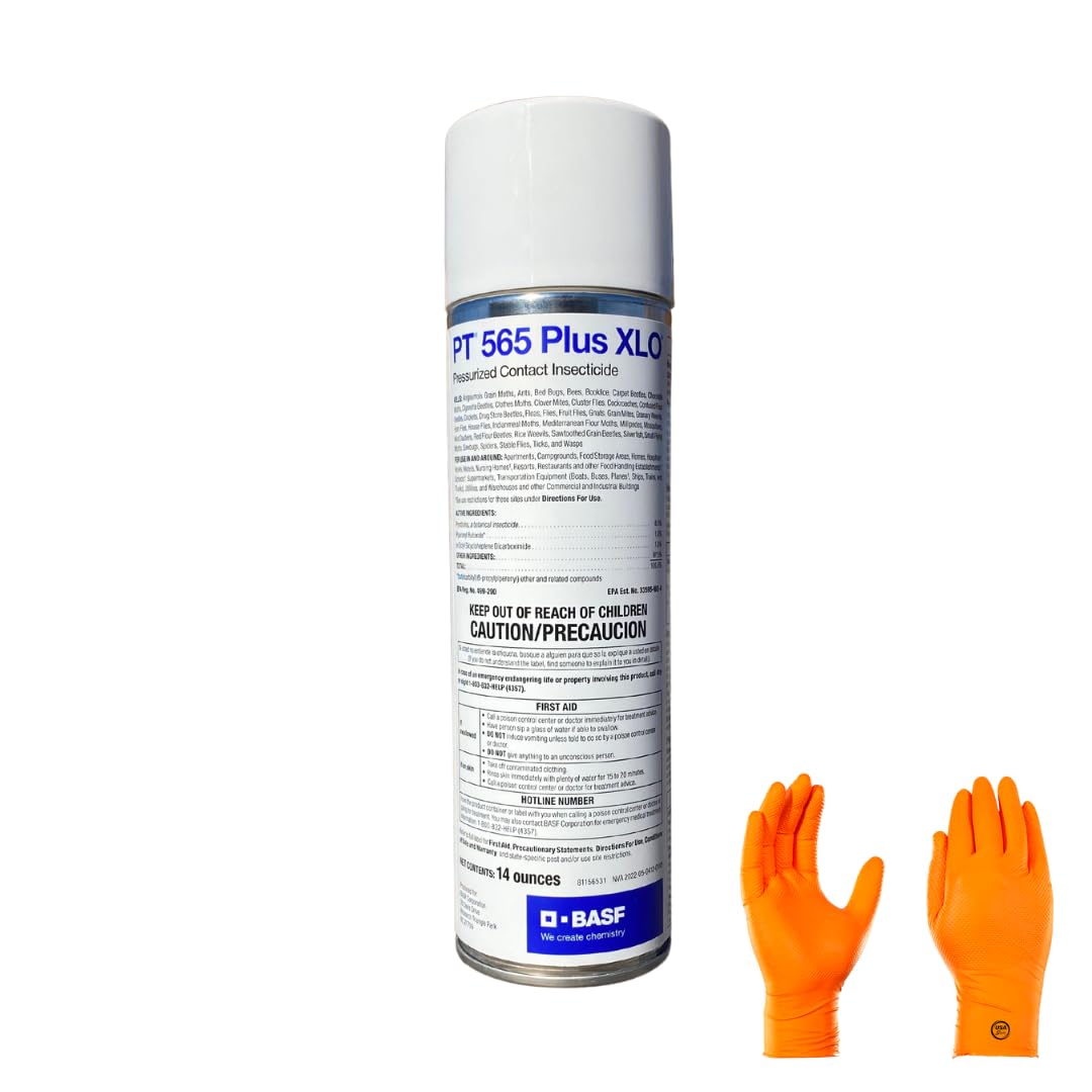 USA Supply PT 565 Plus XLO insecticide bottle promising residue-free pest control.