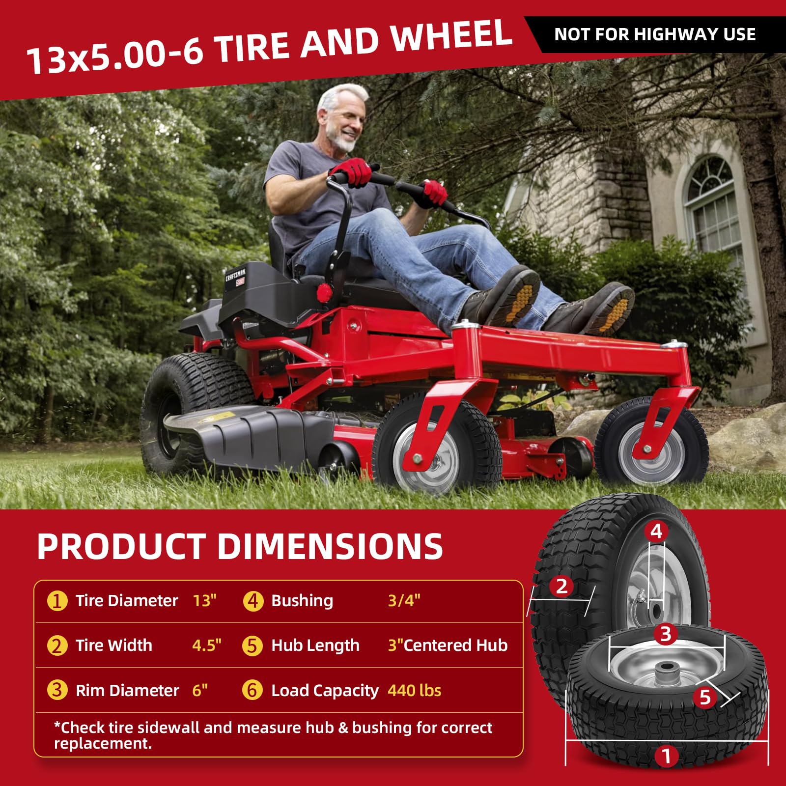 USCaster 13x5-6 tire assembly front view highlighting stable flat-free performance