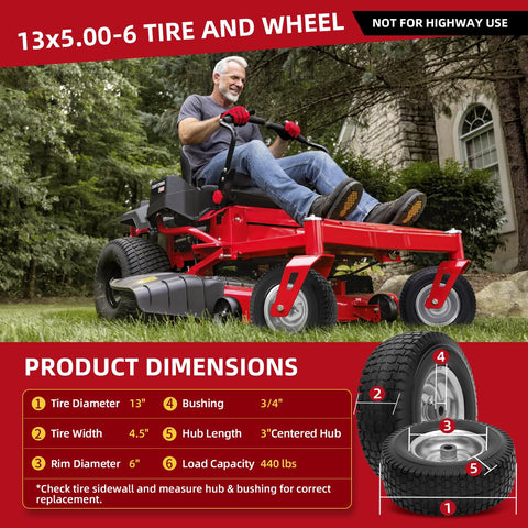 USCaster 13x5-6 tire assembly front view highlighting stable flat-free performance