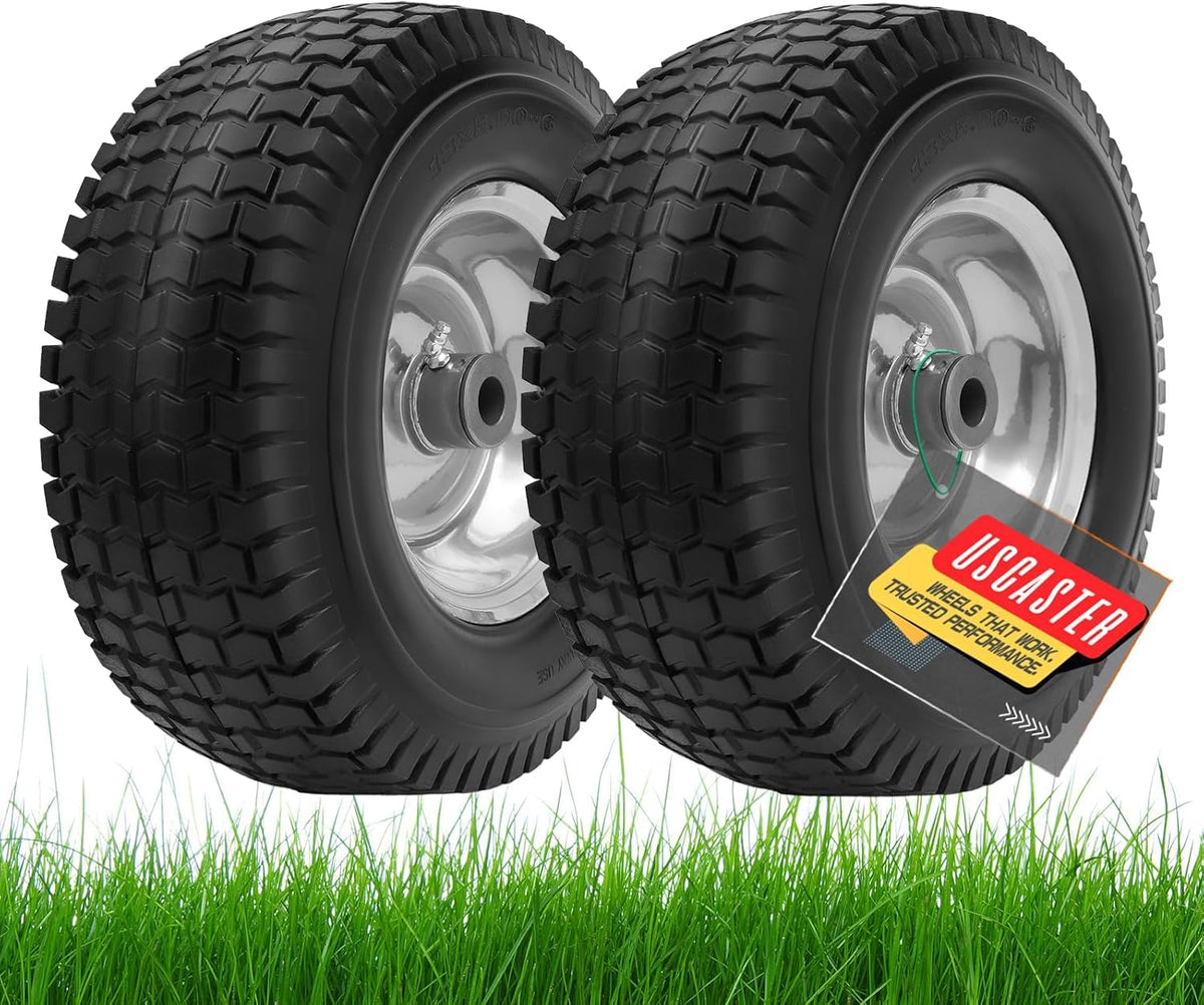 USCaster 13x5-6 tire assembly side view showing rugged solid tire for mower longevity