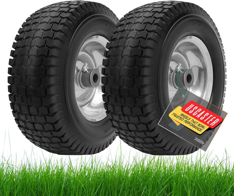 USCaster 13x5-6 tire assembly side view showing rugged solid tire for mower longevity