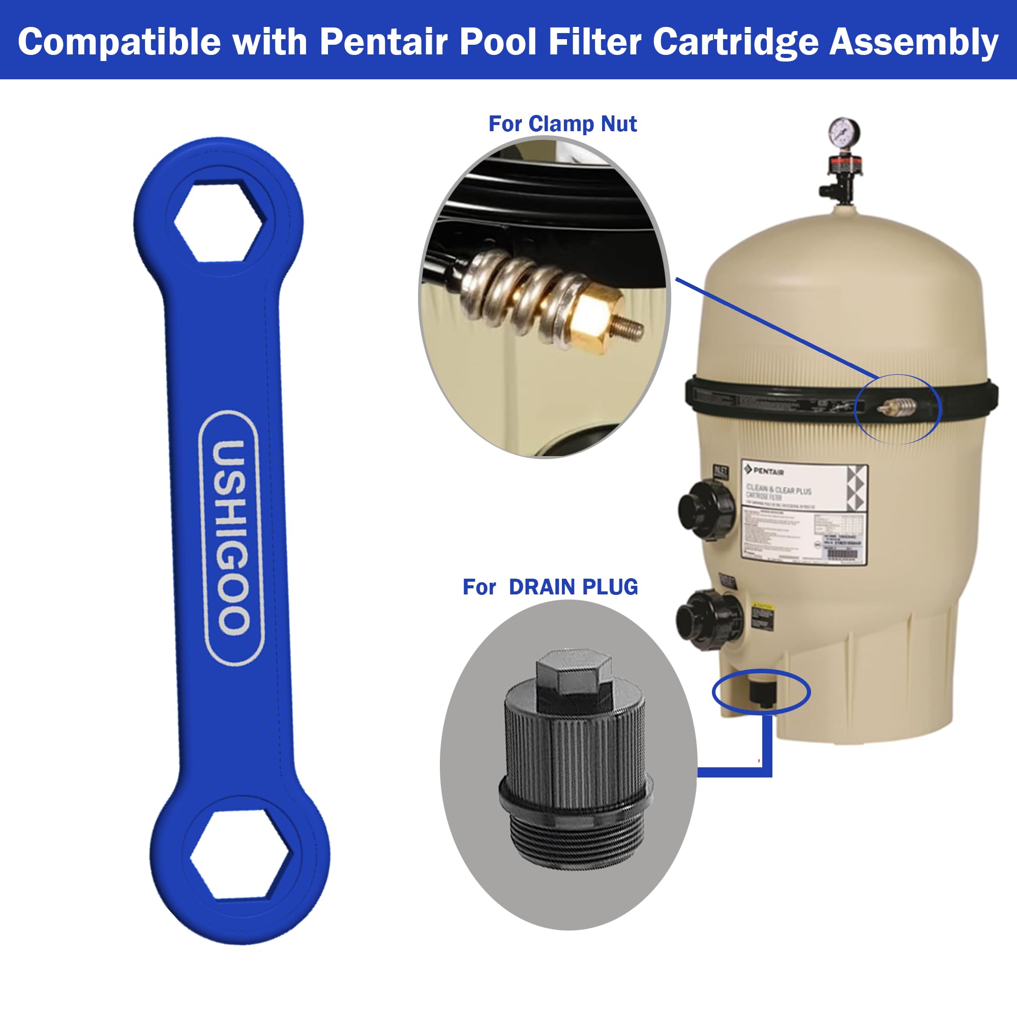 USHIGOO Pentair filter cartridge wrench for quick drain plug work