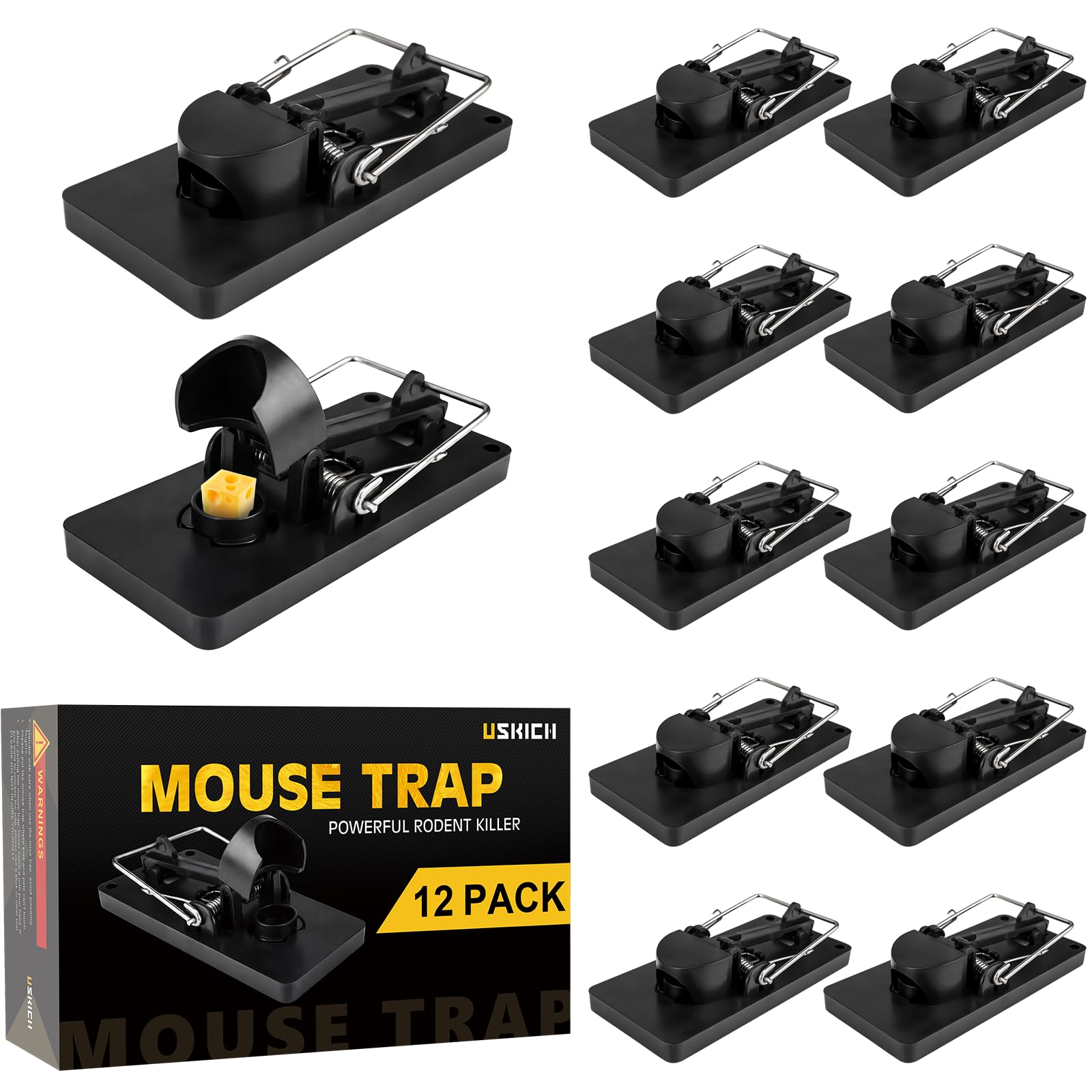 USKICH 12-pack mouse traps in box, ready for kitchen use.