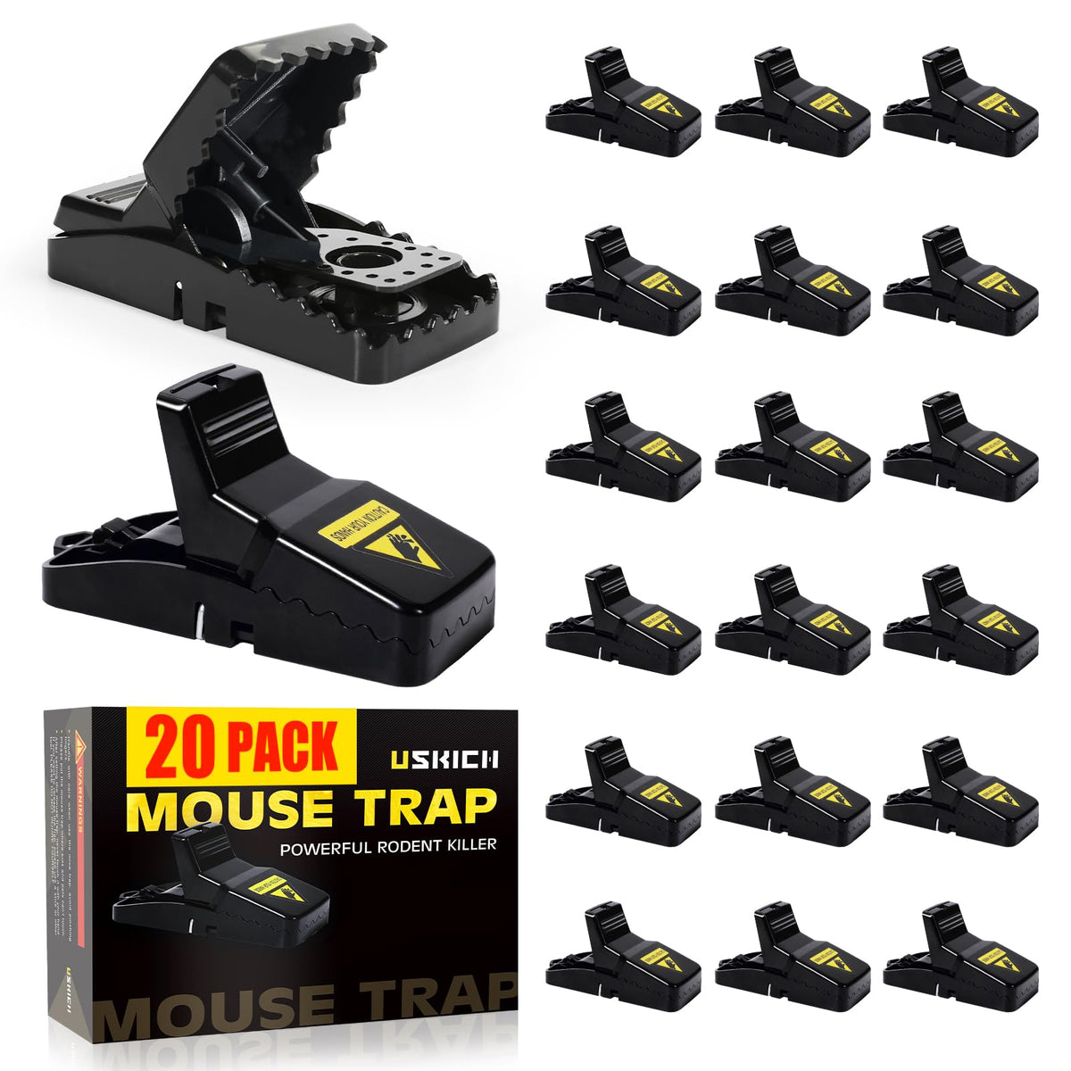 USKICH 20-pack mouse traps indoors for quick capture in kitchens and living areas.