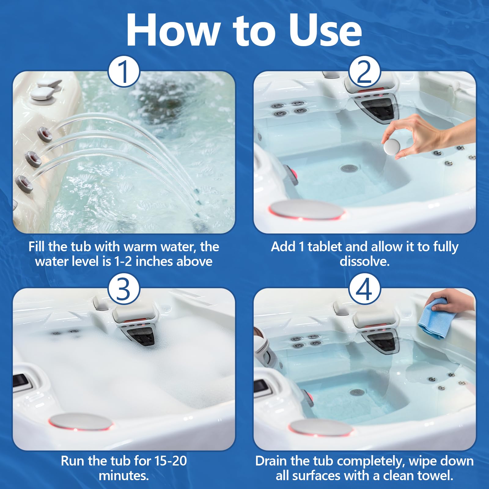 USKICH cleaner tablets dissolving in bathwater to refresh jets and tub interiors