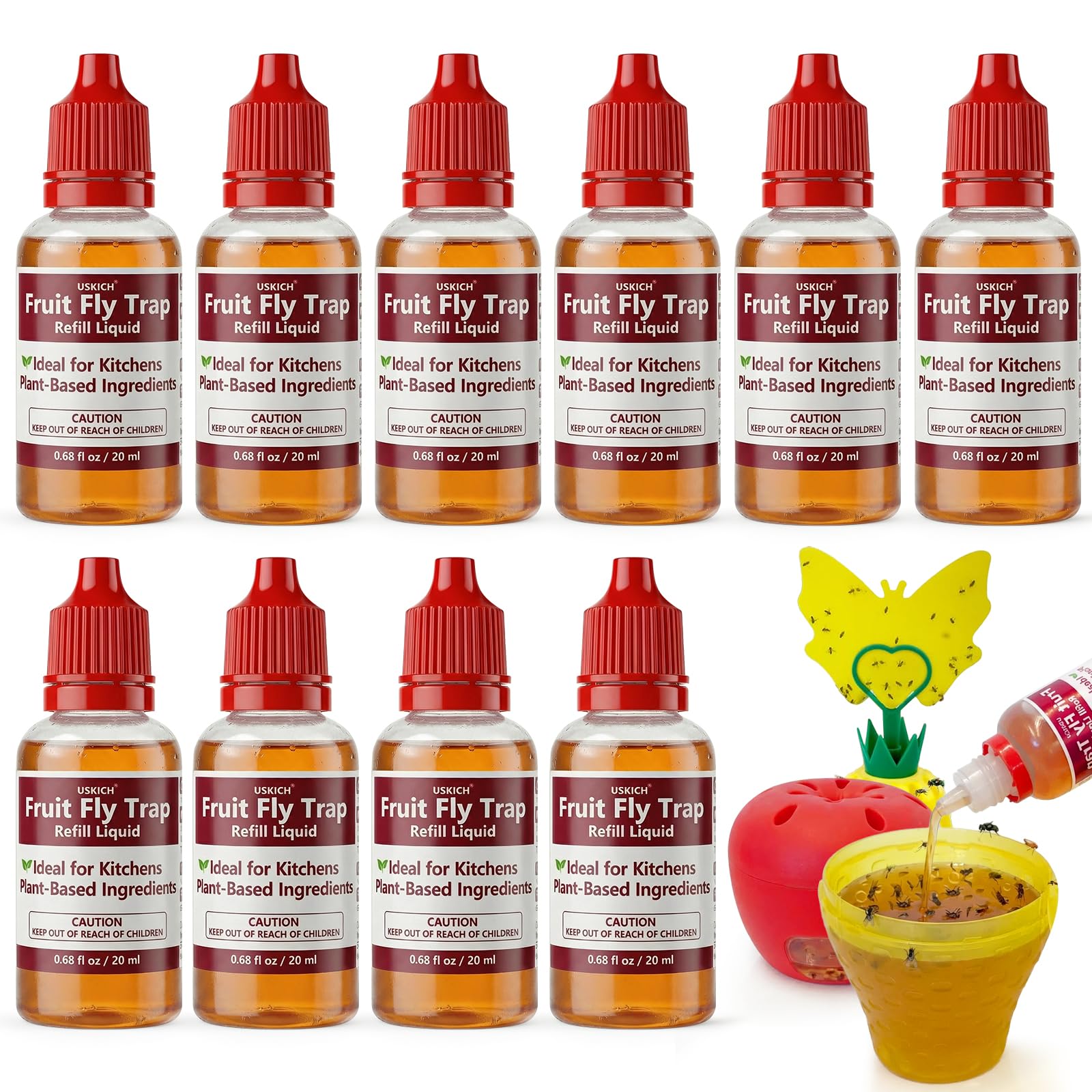 USKICH fruit fly trap refill bottle with 0.68oz liquid, ideal for indoor use.