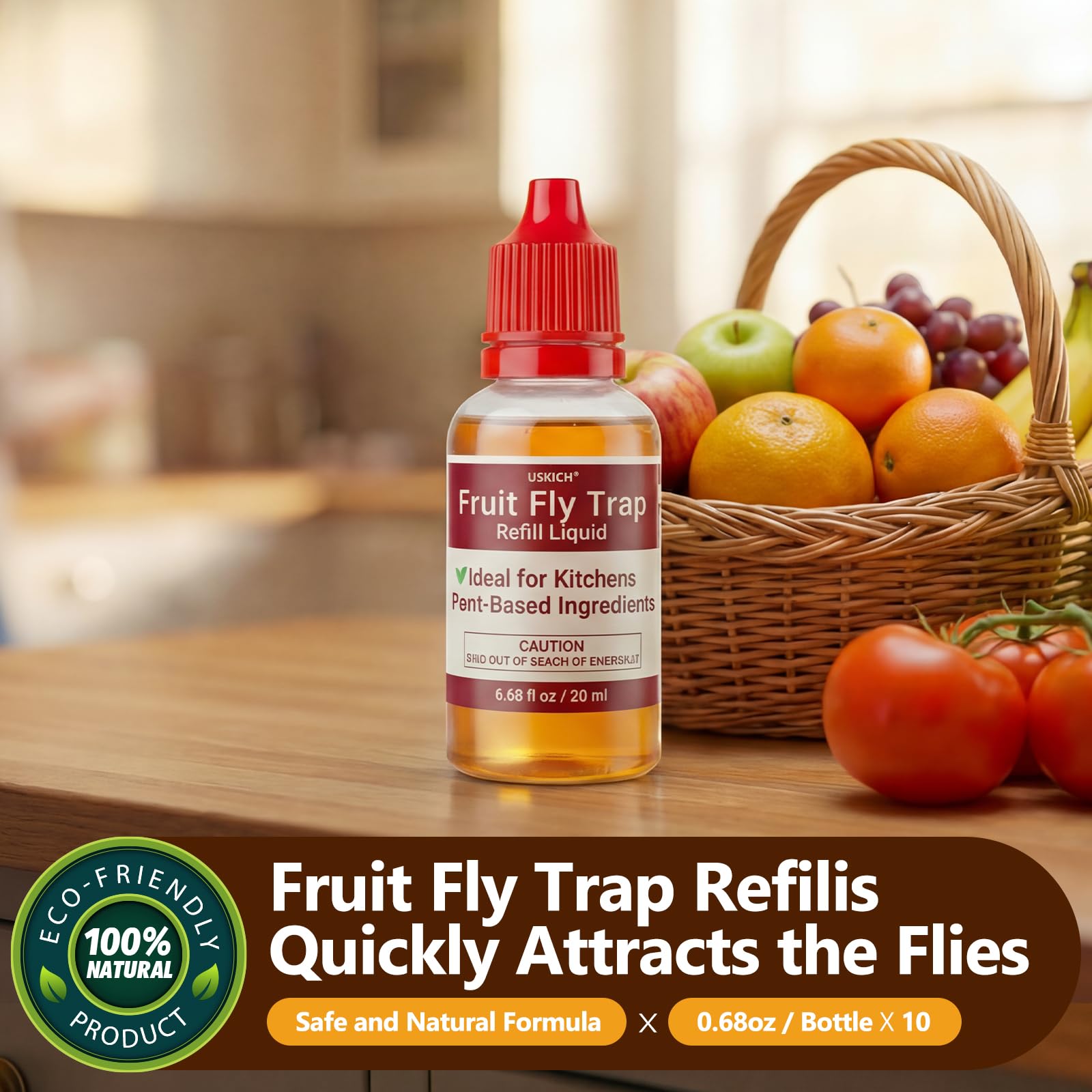 USKICH indoor fruit fly trap setup with refill liquid for kitchen protection.