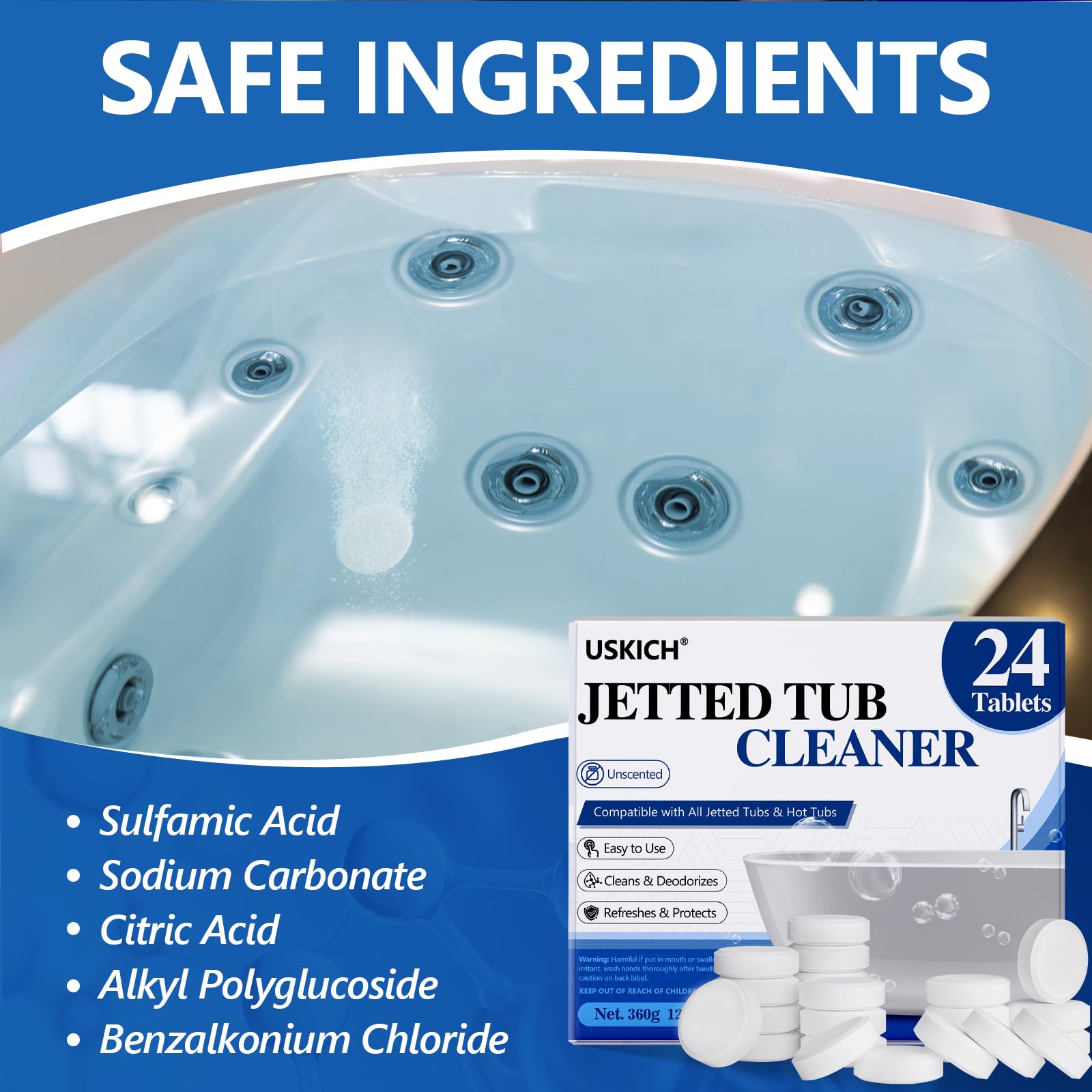 USKICH jet tub cleaner applied to whirlpool jets for smoother water flow