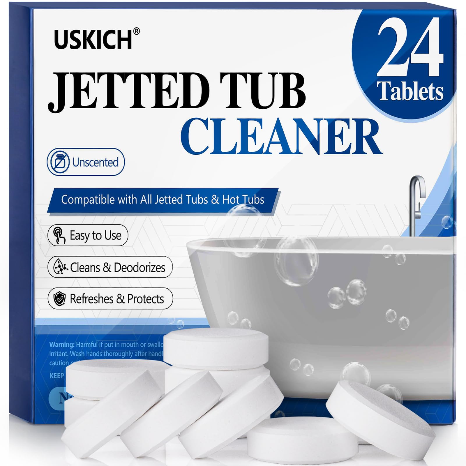 USKICH jet tub cleaner tablets in a 24-pack ready to lift soap scum from tub surfaces