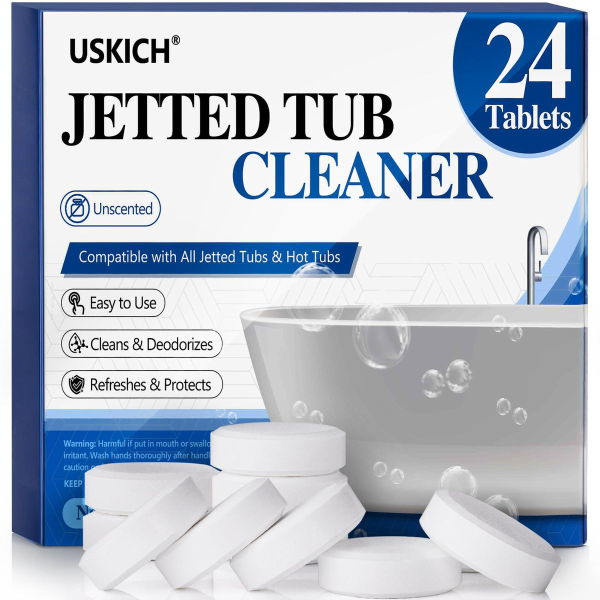 USKICH jet tub cleaner tablets in a 24-pack ready to lift soap scum from tub surfaces
