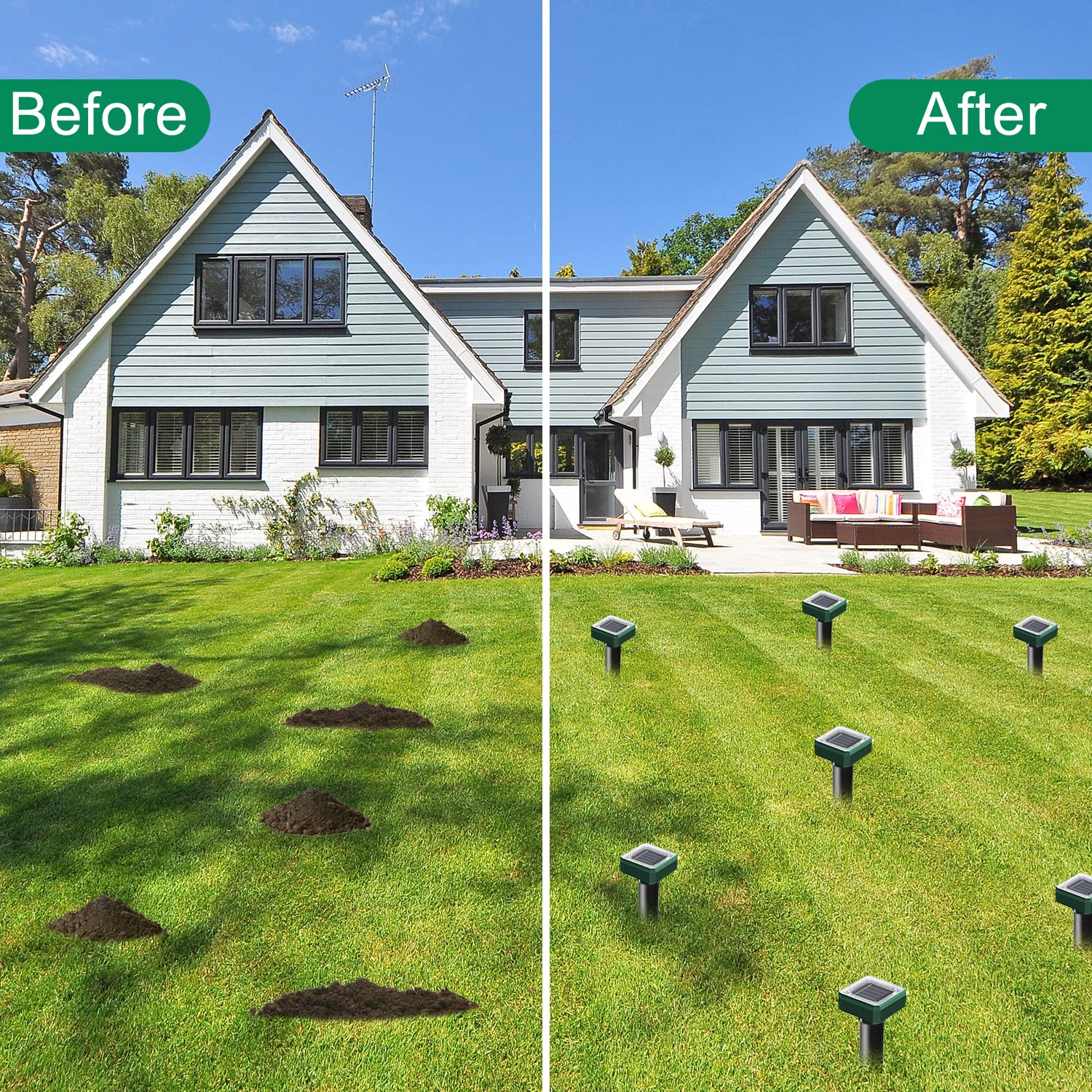 USKICH outdoor-use solar mole-repellent spike deters burrowers in yard.