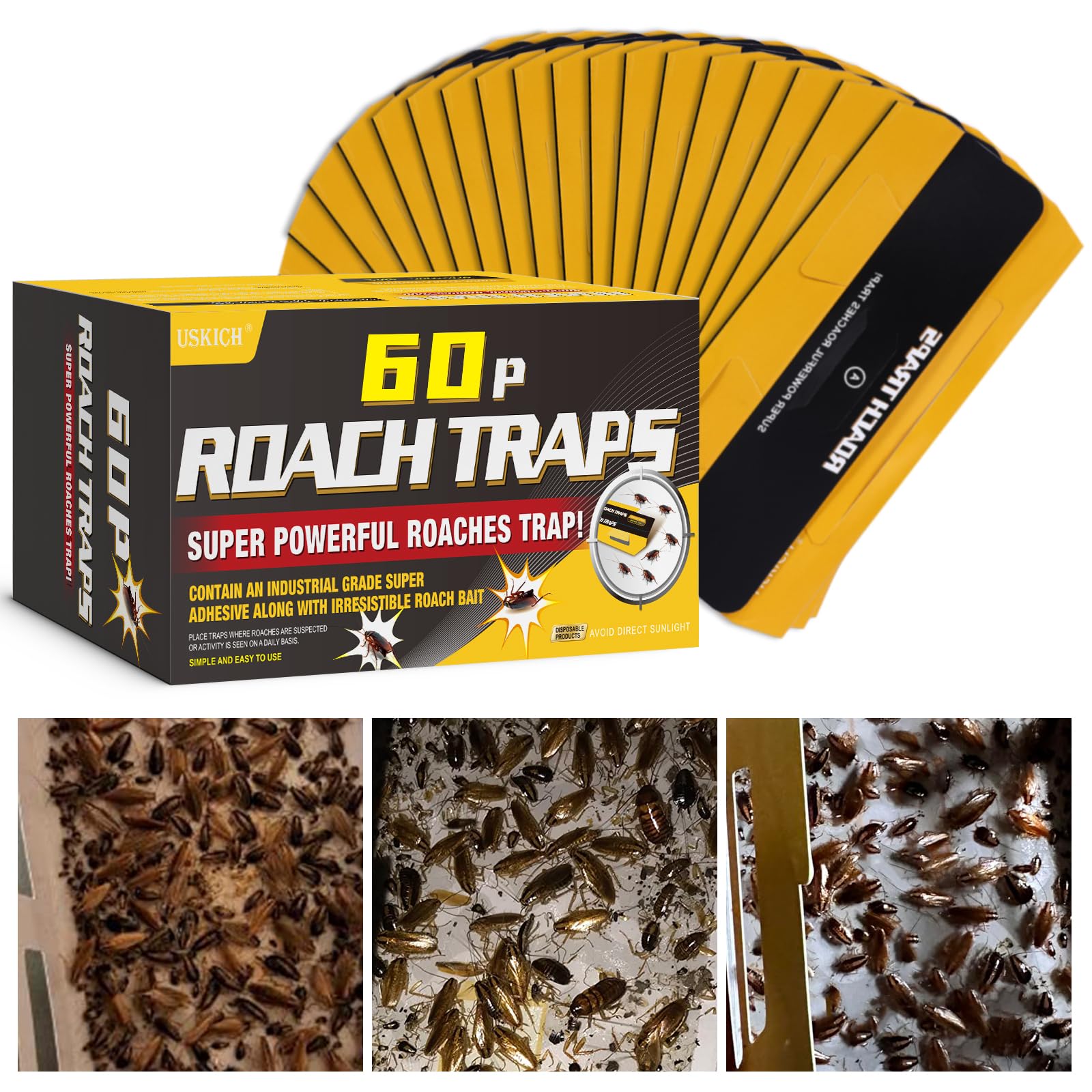 USKICH 60-pack roach traps in packaging ready for quick indoor setup