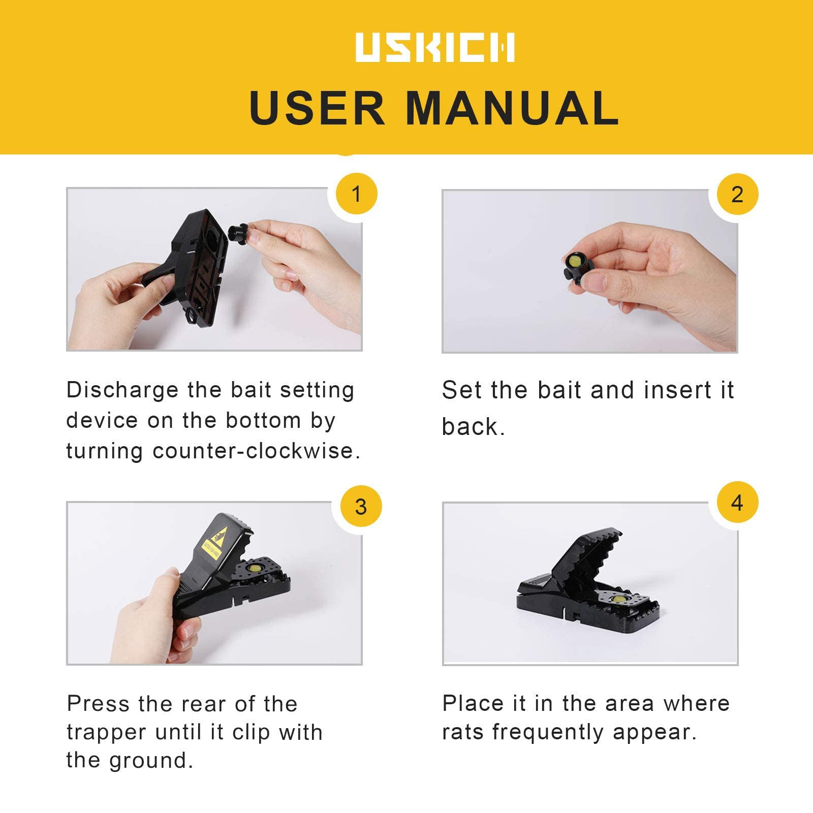 USKICH safe non-toxic setup image underlines finger-safe baiting and household safety.