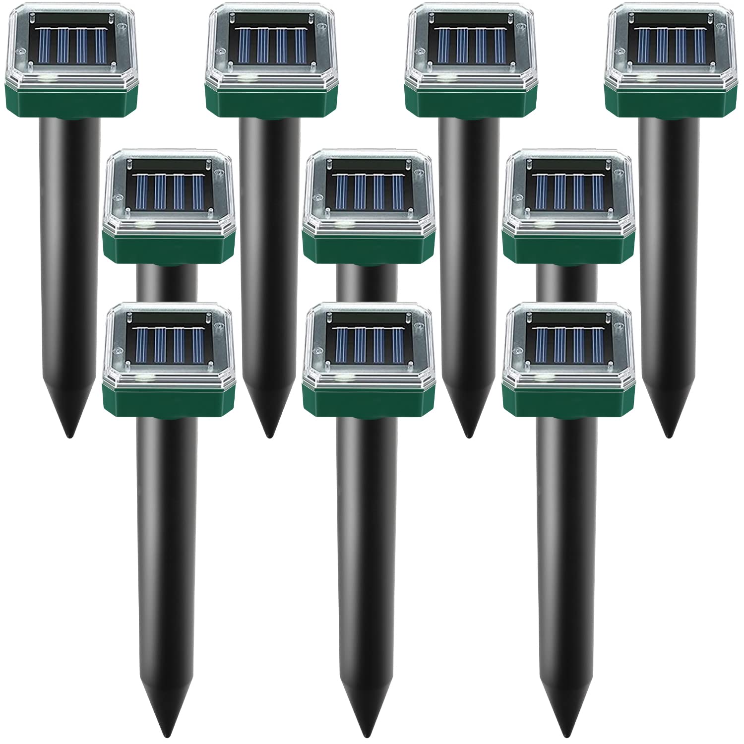 USKICH solar mole repellent 10-pack guards lawn with ultrasonic pulses.