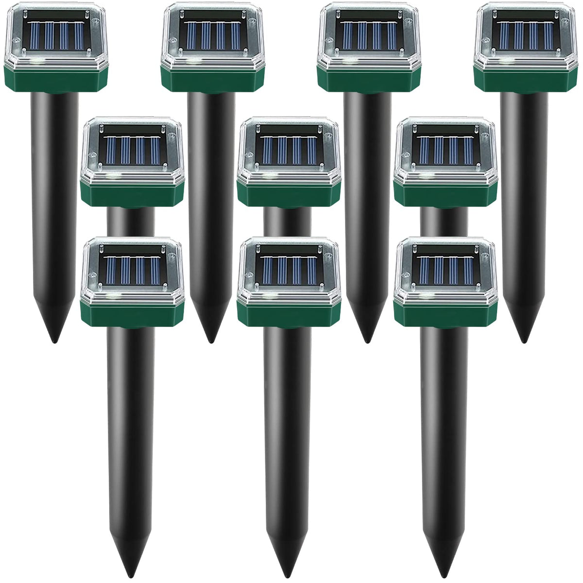 USKICH solar mole repellent 10-pack guards lawn with ultrasonic pulses.