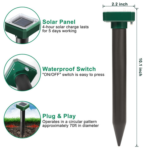USKICH solar-mole-repellent spike charging under sun for continuous yard protection.