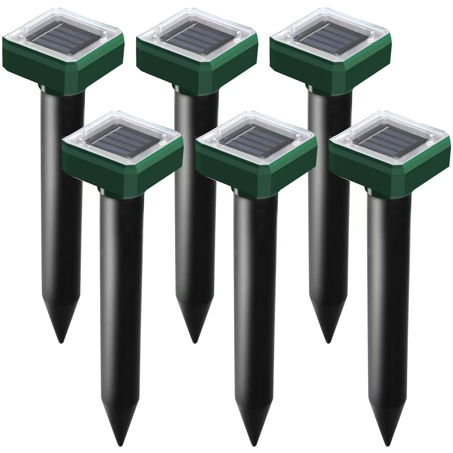 USKICH solar mole-repellent spike installed in garden deters burrowing pests.