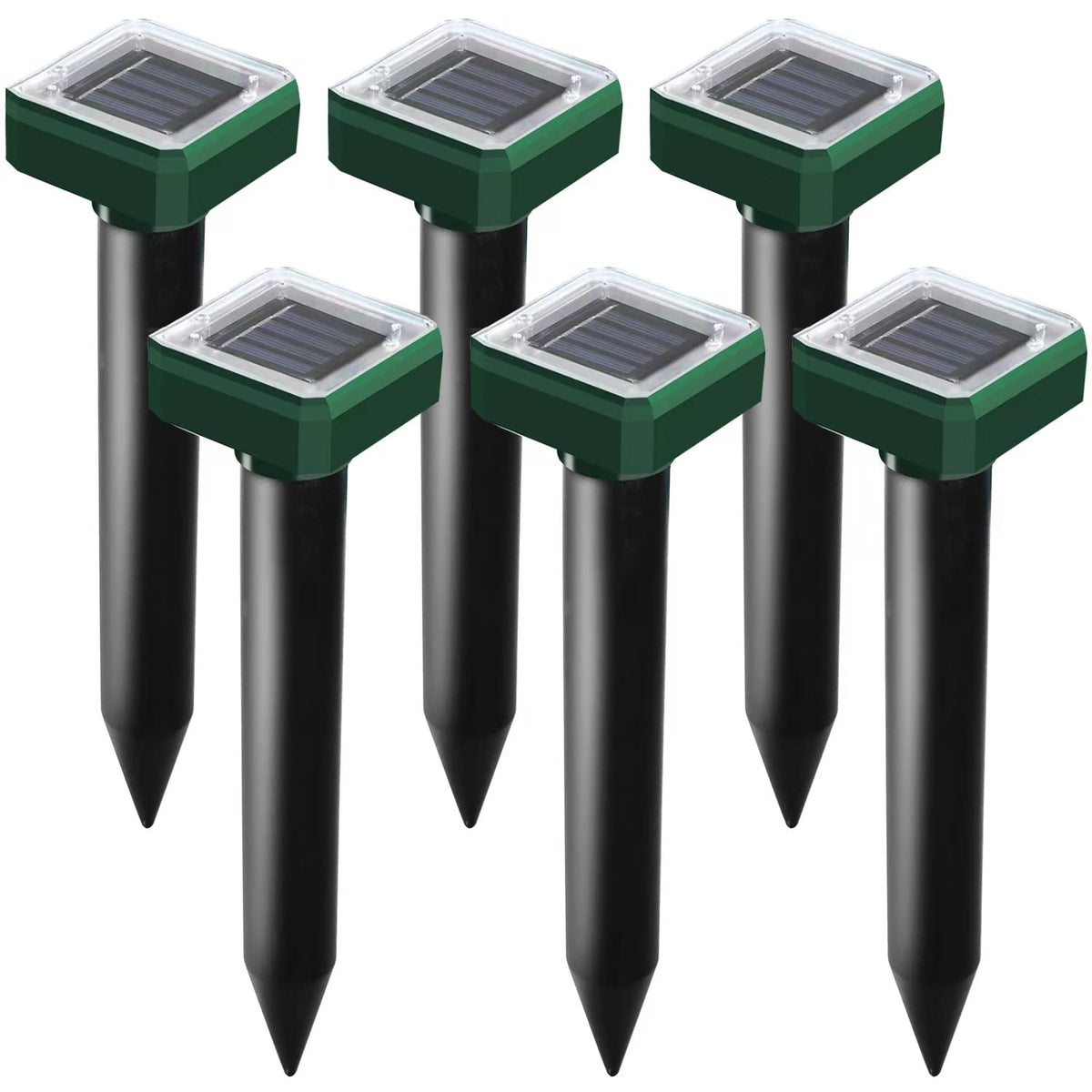 USKICH solar mole-repellent spike installed in garden deters burrowing pests.