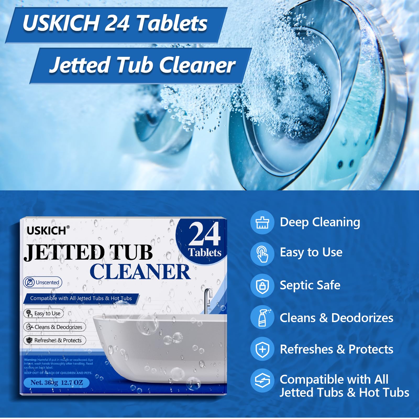 USKICH tub cleaner packaging shows individual sleeves ideal for travel and on-the-go cleaning