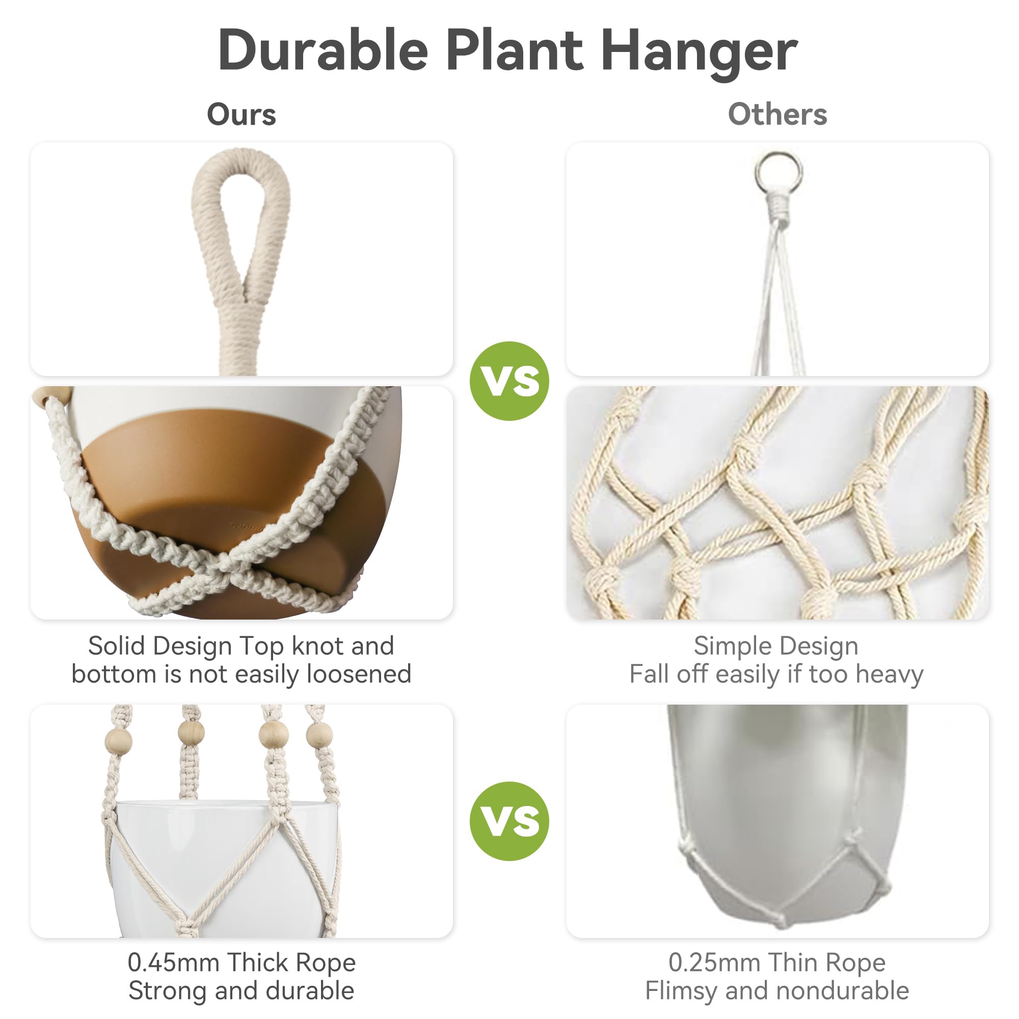 USLAI hanging planter holder crafted from cotton cord with sturdy 20lb capacity.