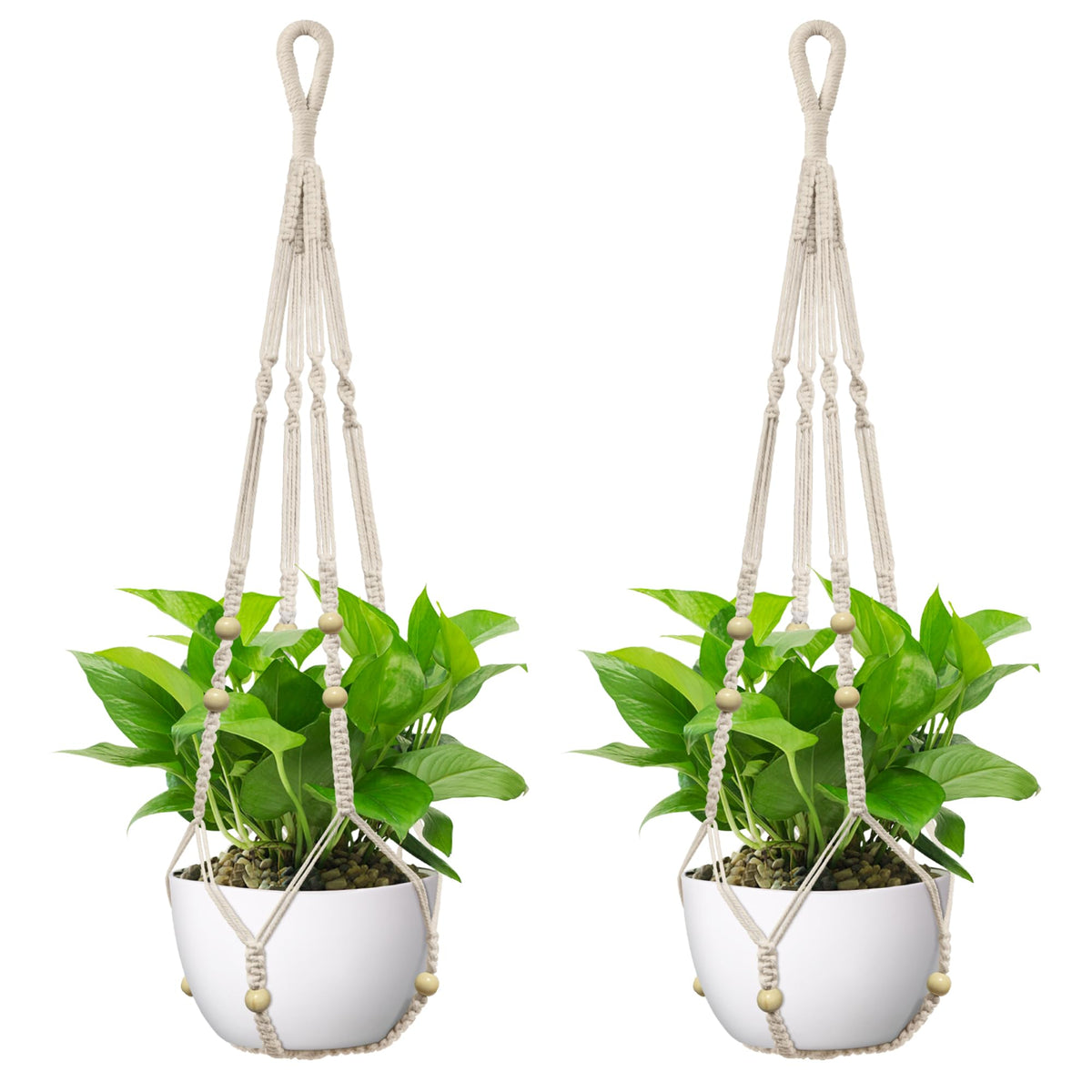 USLAI ivory macrame plant hanger front view shows sturdy cotton cord for indoors