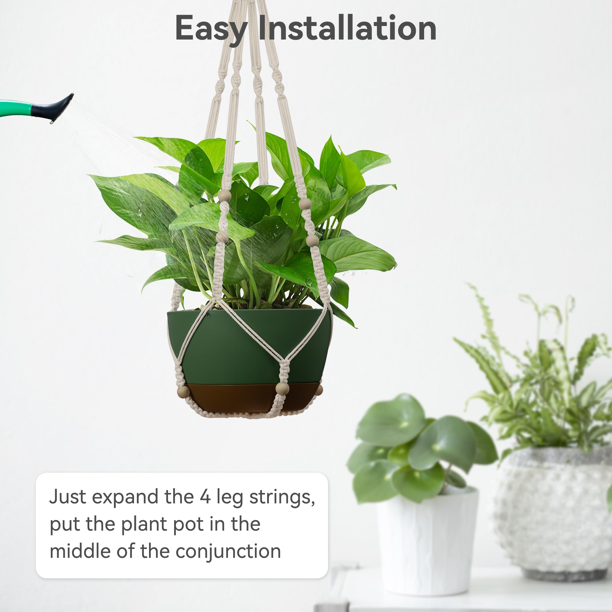 USLAI ivory macrame hanger attached to ceiling hook for easy installation